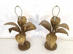 Large Tole Gold Gilt Sculptural Palm Tree Leaf Table Lamps