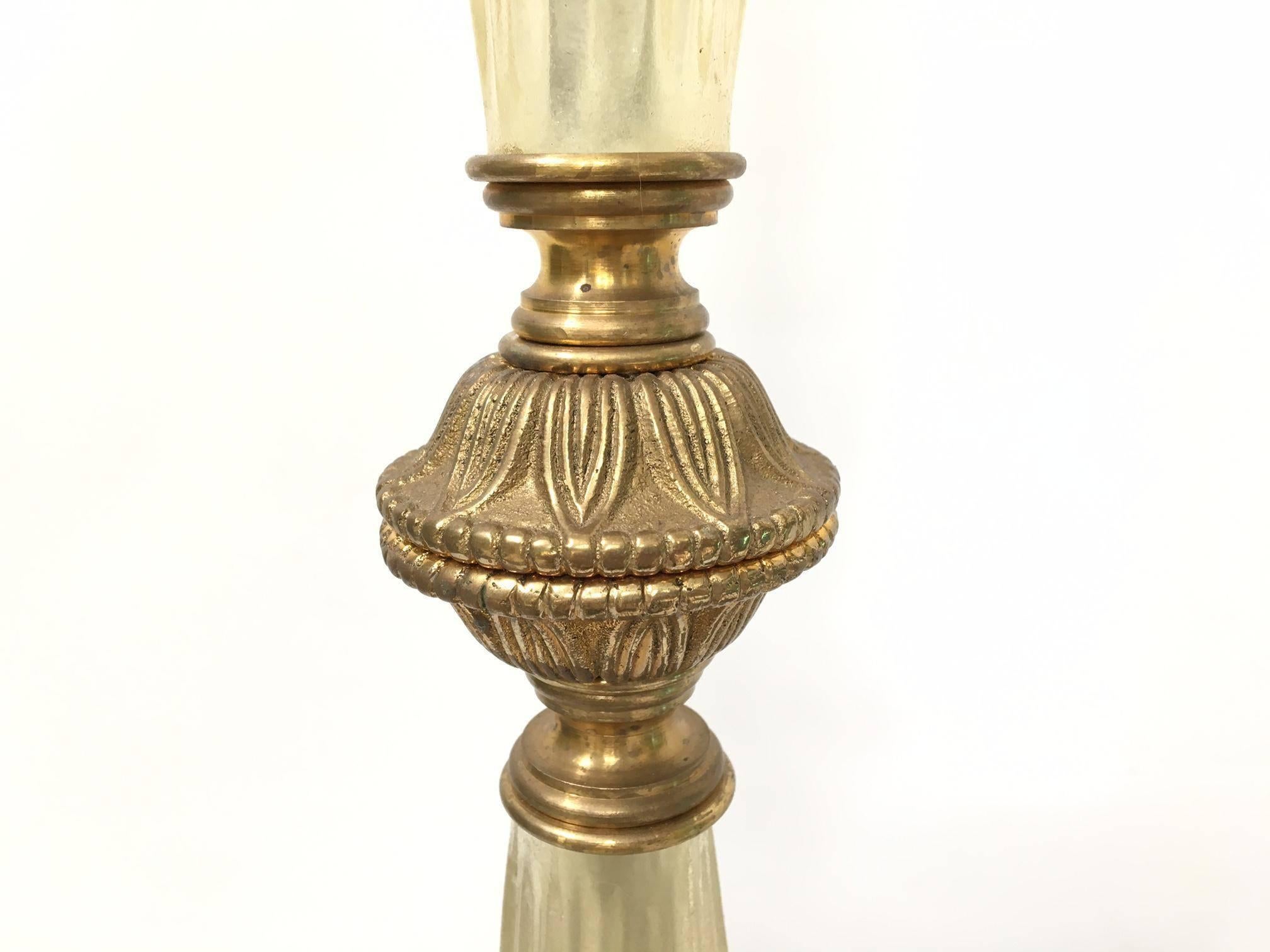 Large Hollywood Regency Murano Italian Glass Brass Ormolu Table Lamps 3