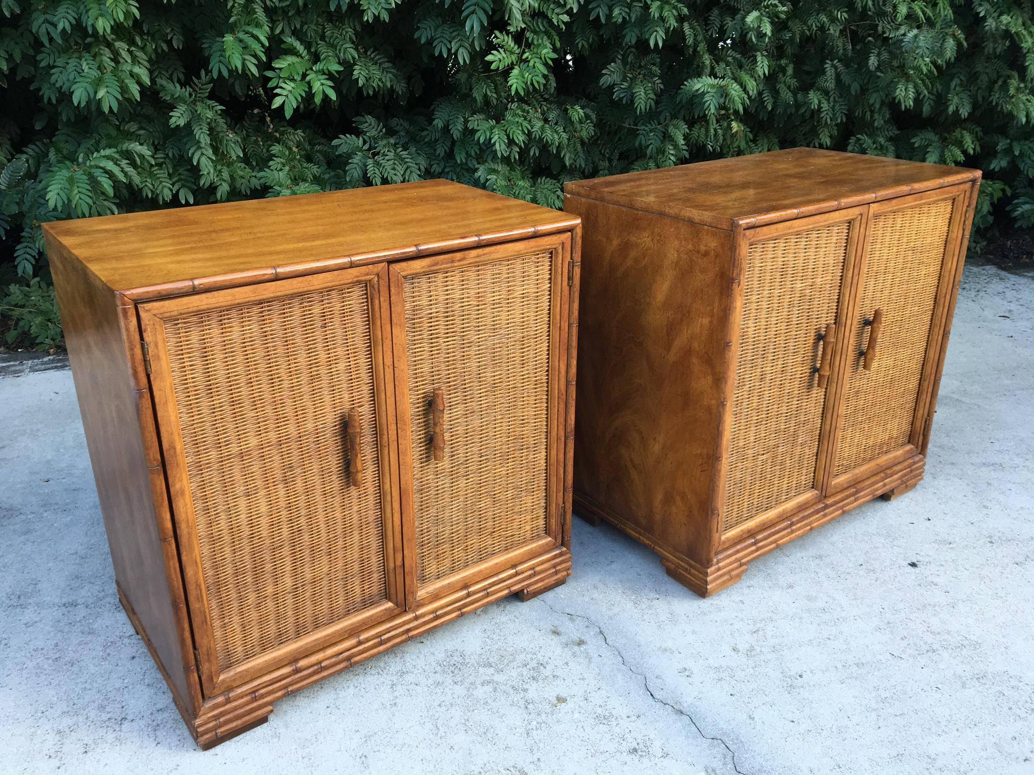 Organic Modern Mid Century Bamboo and Rattan Cabinets