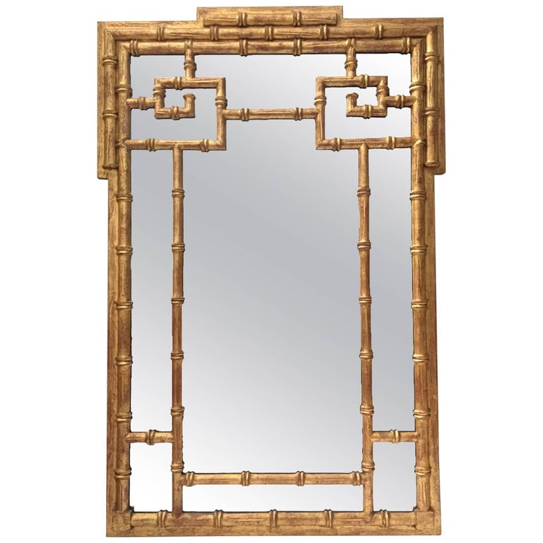 La Barge Asian Chinoiserie Gold Gilt Faux Bamboo Wall Mirror For Sale