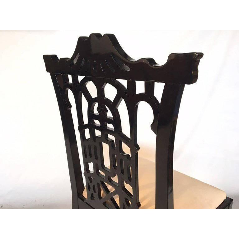 Spanish Set of Four Black Lacquer Asian Chinoiserie Pagoda Dining Chairs