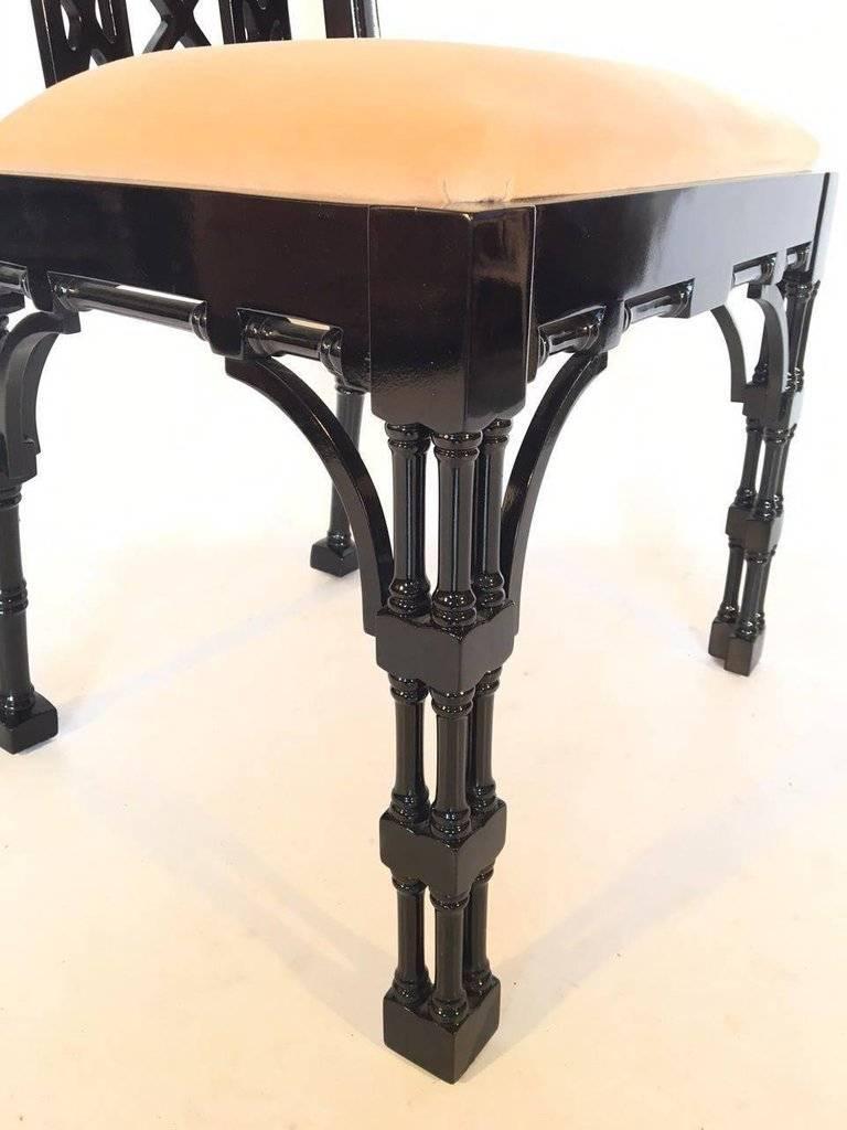 20th Century Set of Four Black Lacquer Asian Chinoiserie Pagoda Dining Chairs