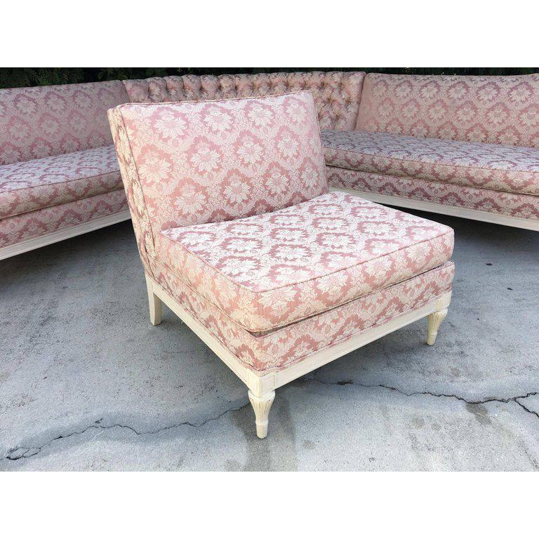 Four-Piece Hollywood Regency Pink Damask Tufted Sectional Sofa 1