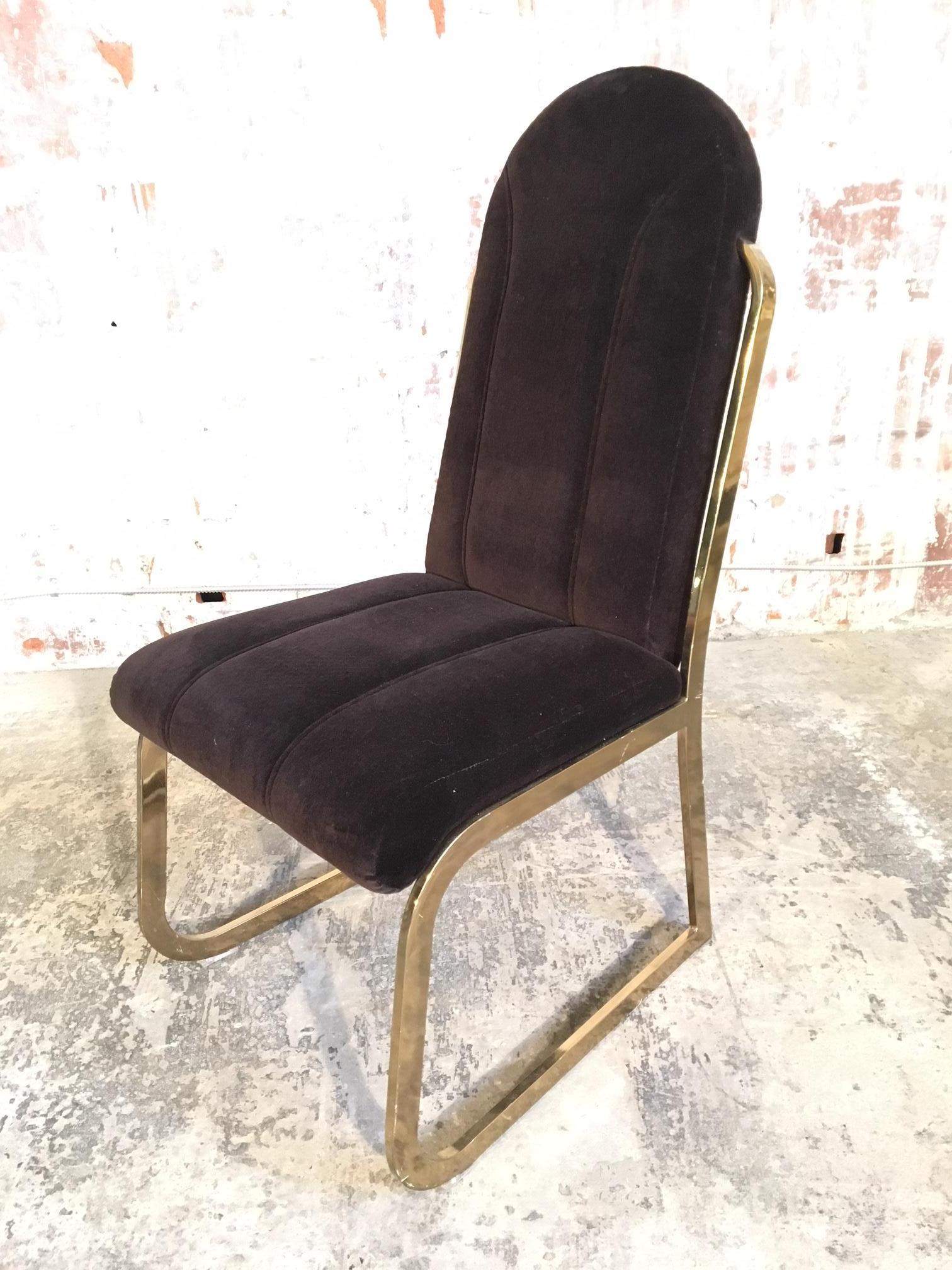 Set of 6 vintage Chromcraft dining chairs in the manor of Milo Baughman feature a heavy brass frame and brown velvet upholstery. Thick and comfortable seat and back with accent stitching. Very good vintage condition. Brass has minor marks consistent