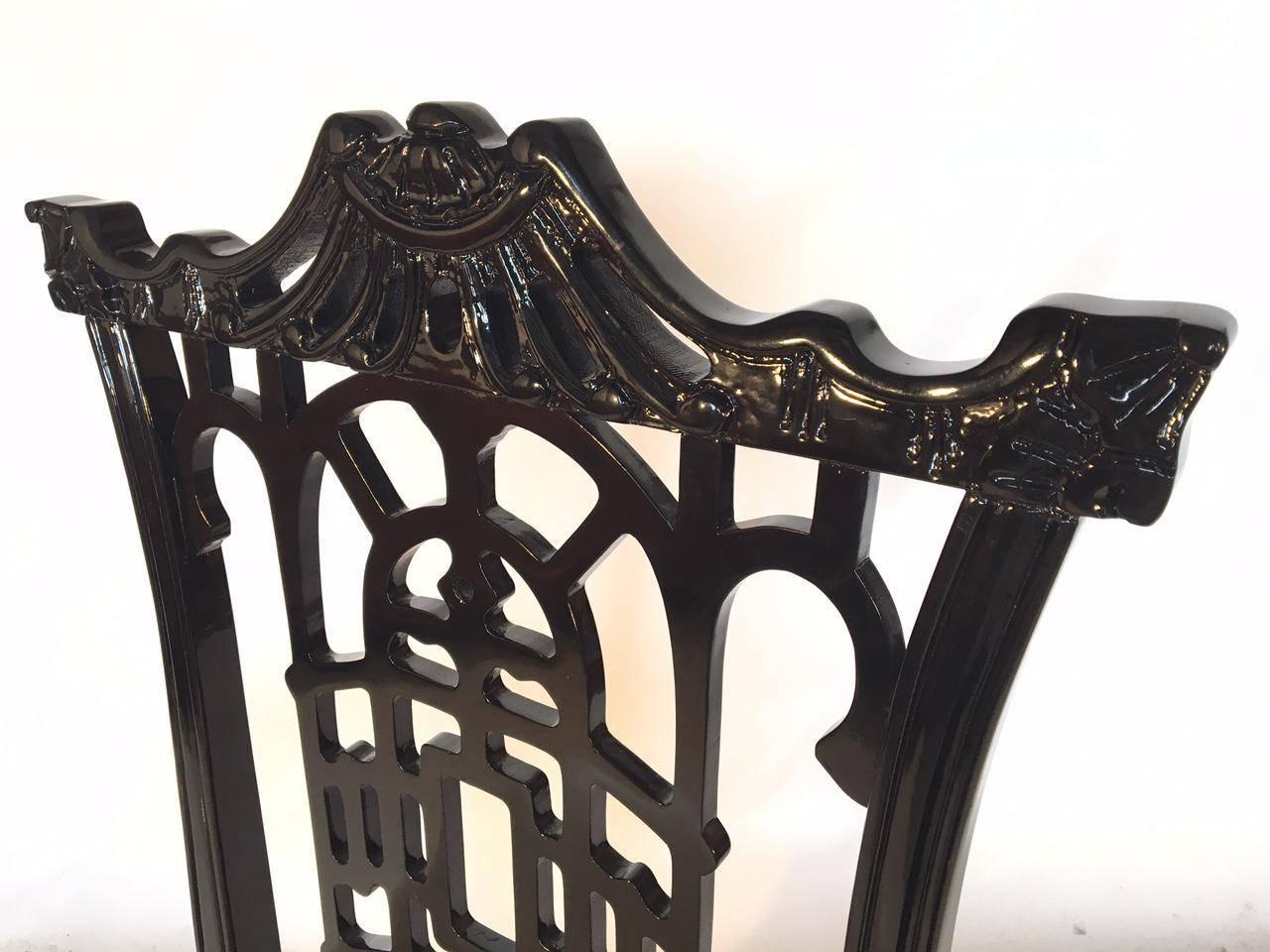 Late 20th Century Set of Four Black Lacquer Asian Chinoiserie Pagoda Dining Chairs