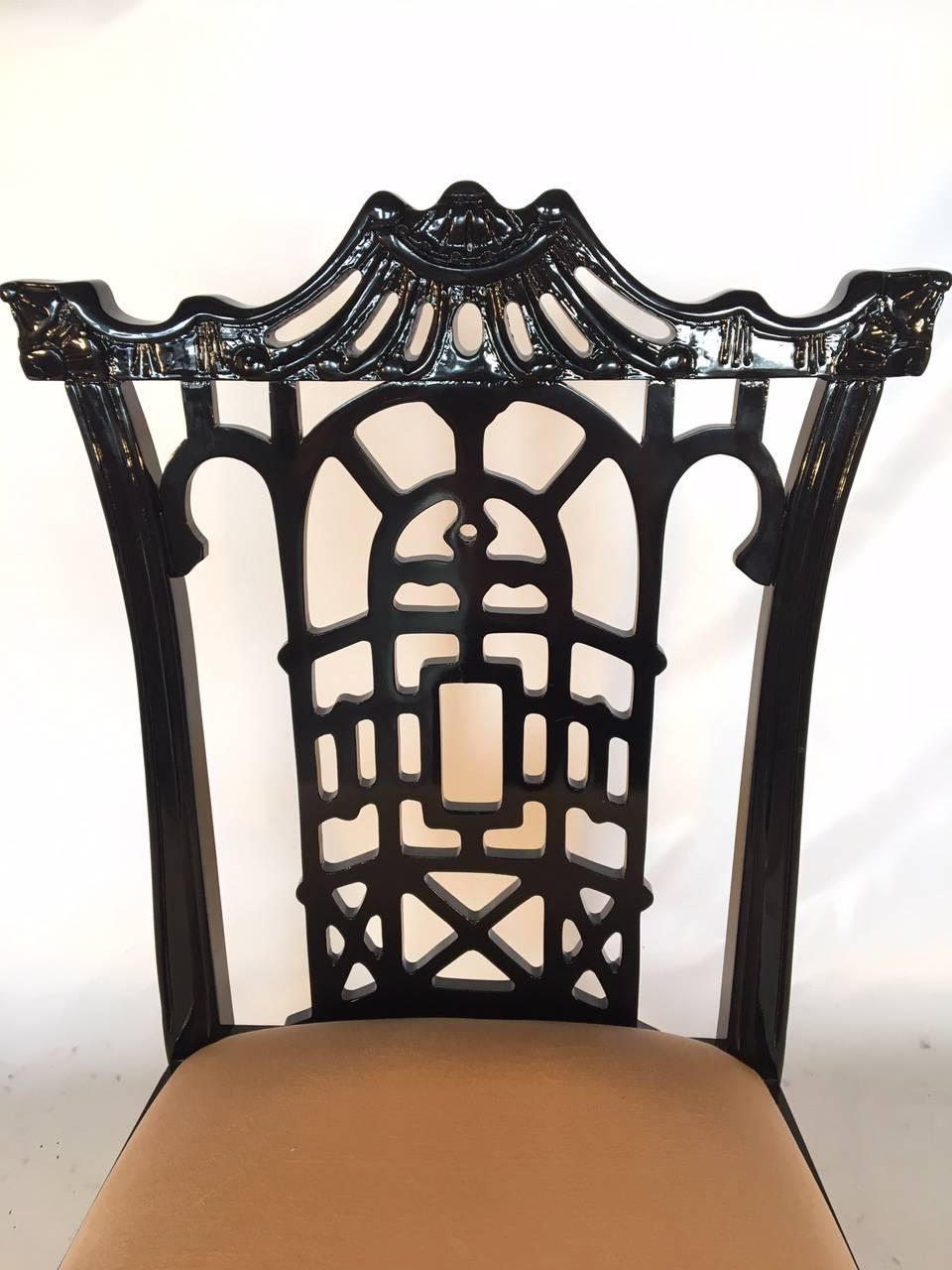 Set of Four Black Lacquer Asian Chinoiserie Pagoda Dining Chairs 1