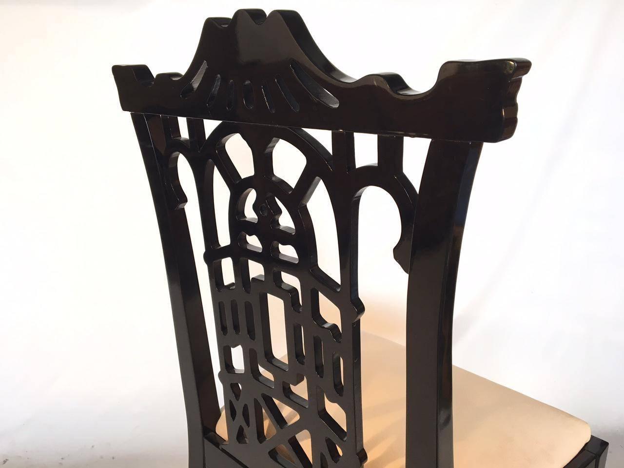 Set of Four Black Lacquer Asian Chinoiserie Pagoda Dining Chairs 2