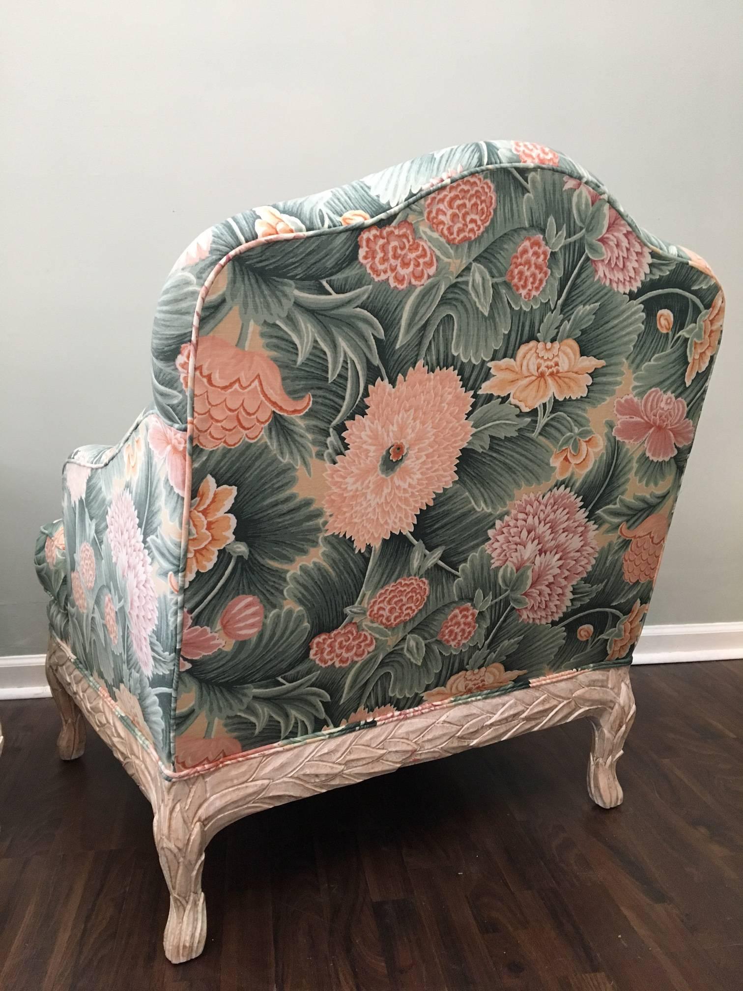 Late 20th Century Pair of Faux Bois Floral Bergere Chairs