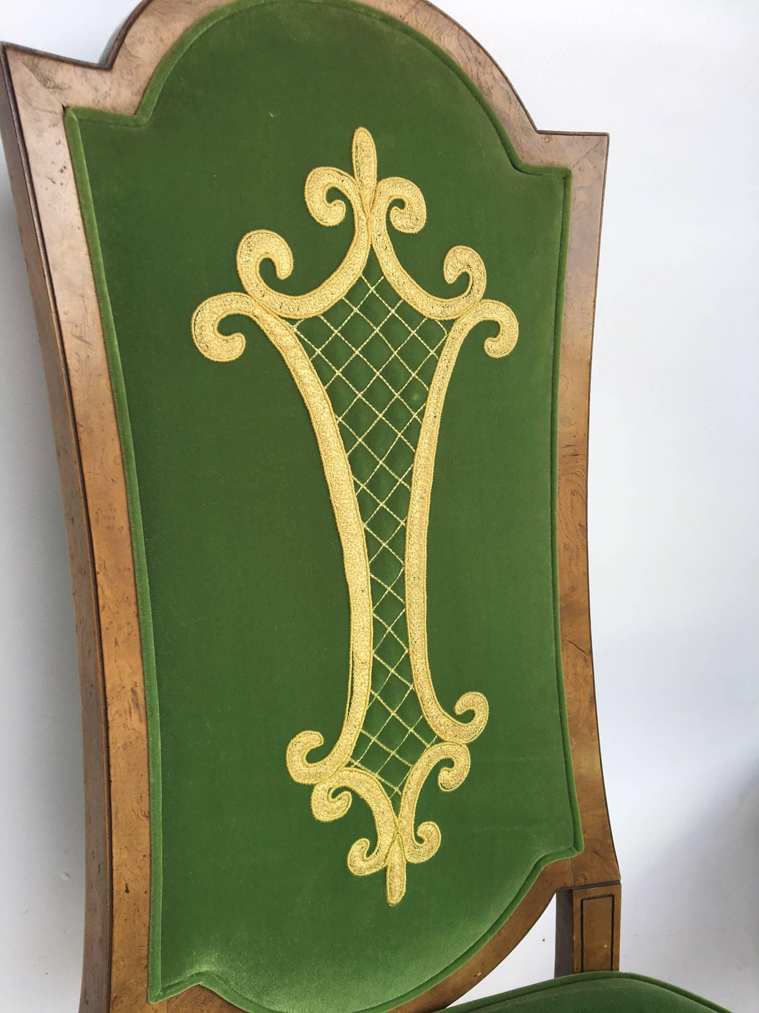 Hollywood Regency Dorothy Draper for Heritage Green Velvet Embroidered Dining Chairs