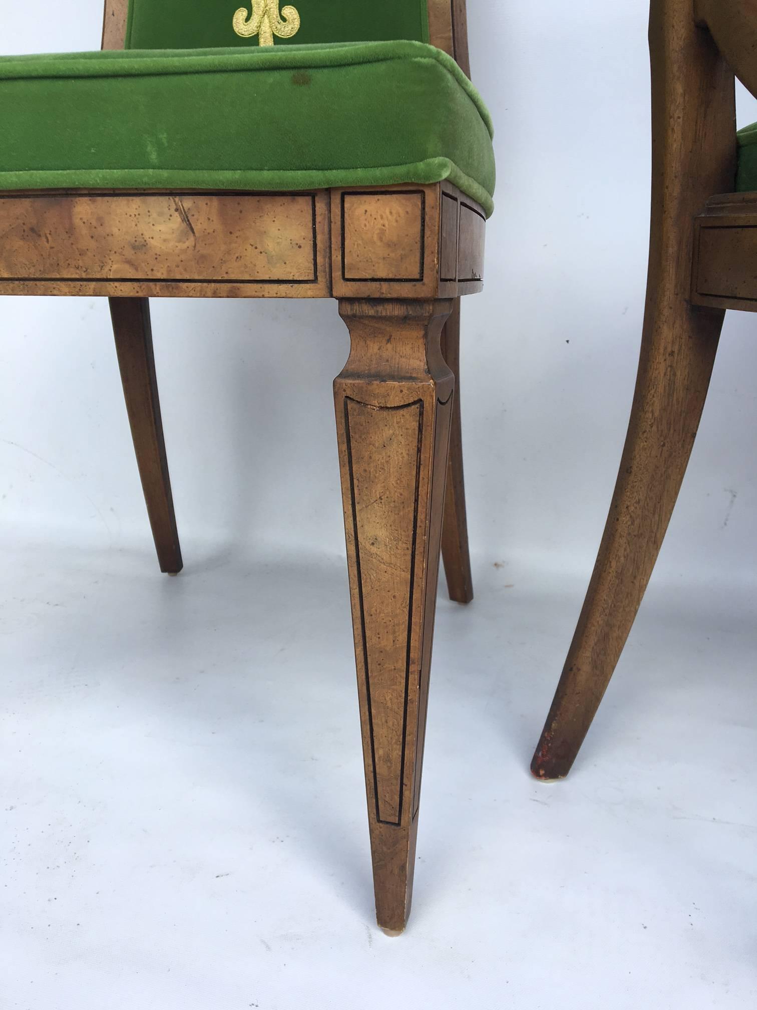 Late 20th Century Dorothy Draper for Heritage Green Velvet Embroidered Dining Chairs