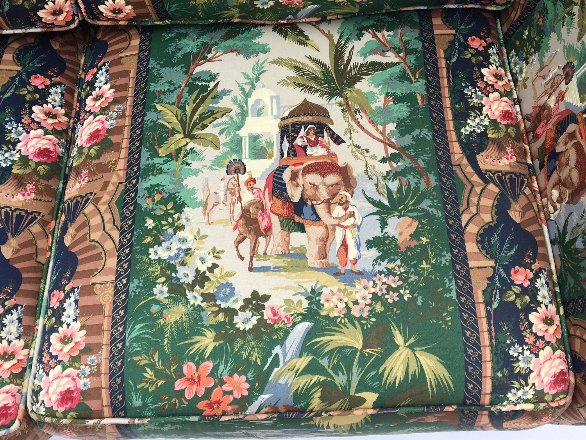 One of a kind sleeper sofa upholstered in a Moroccan themed print featuring elephants, palms, and flowers! Excellent vintage condition with very minimal signs of wear.

Dimensions: 80.5
