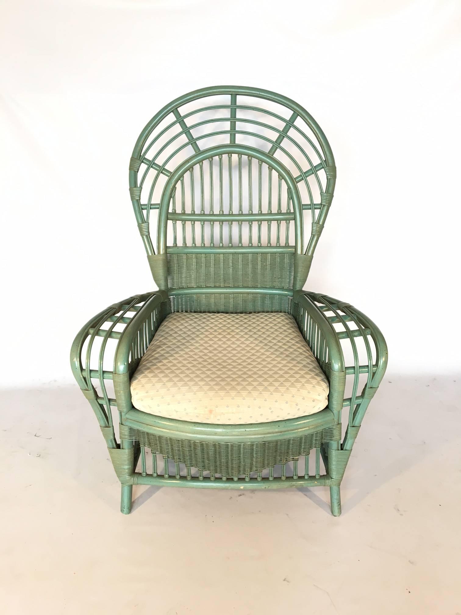 Rattan high fan back armchair by Ficks Reed in celadon green. Excellent structural and cosmetic condition.
