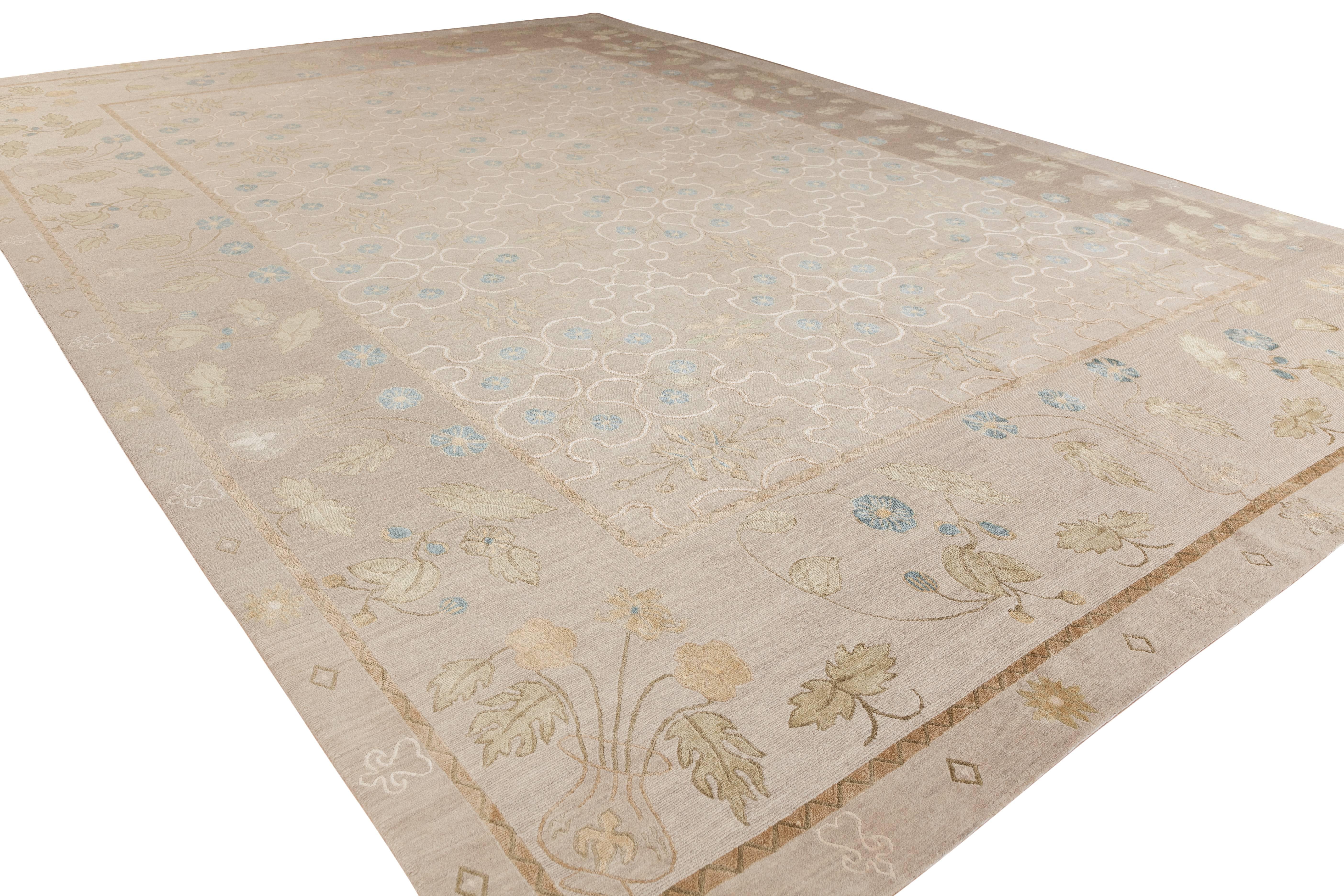 Named for our middle daughter, a truly universal design with European elegance and American style. In this particular coloration, the tan Tibetan wool background is offset by design motifs in Chinese silk, featuring shades of khaki, tan, peach,