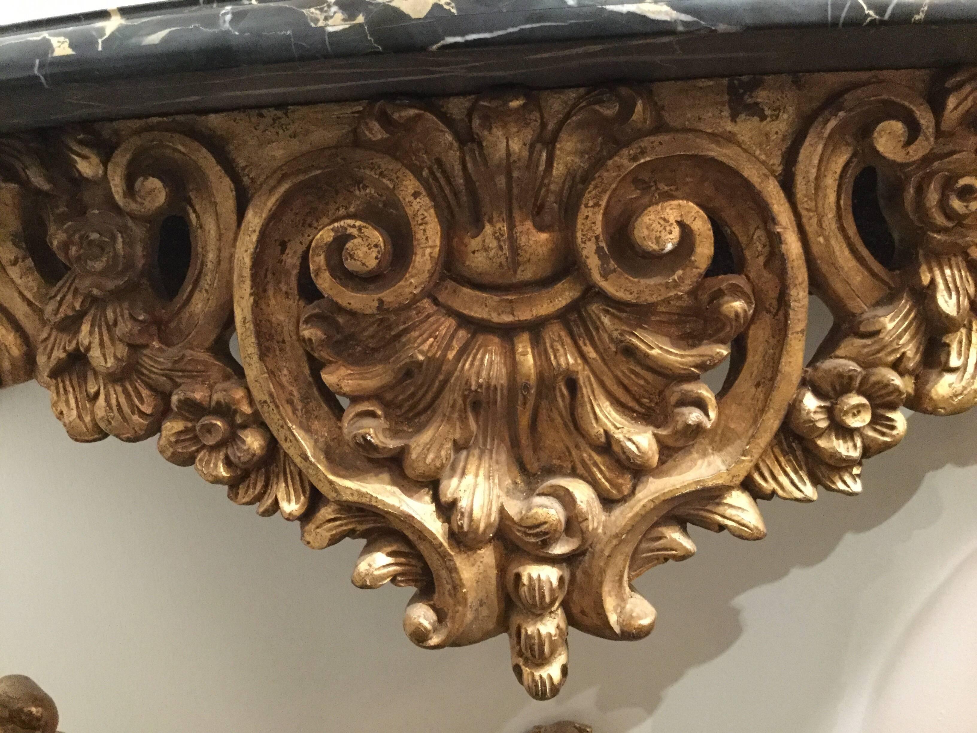 Italian Hand-Carved Wood and Marble Wall Mounted Console in Gold Gilt For Sale