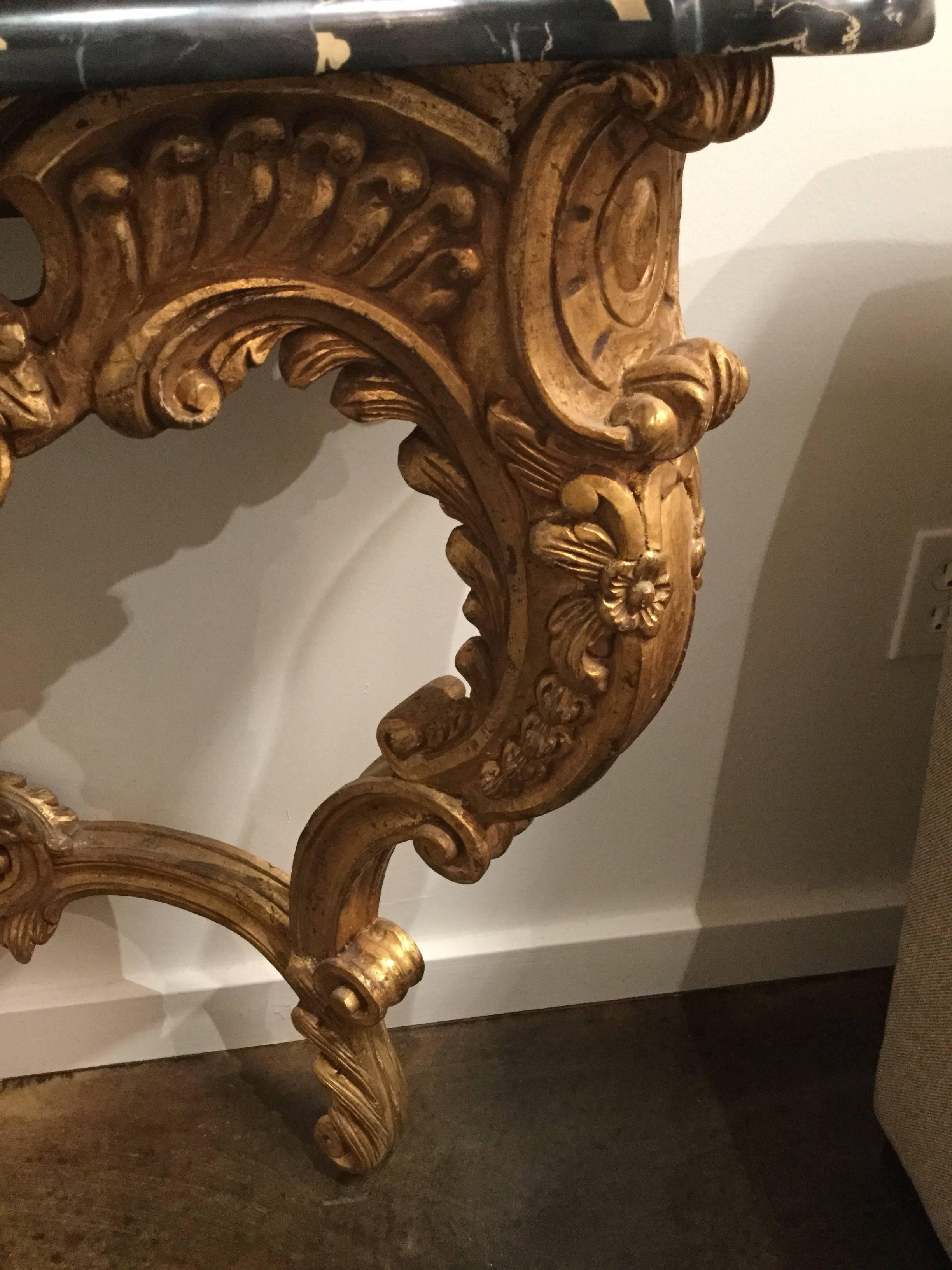20th Century Hand-Carved Wood and Marble Wall Mounted Console in Gold Gilt For Sale