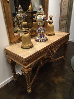 Louis XVI Style Hand-Carved Console with Italian Marble and Antiqued Gold Gilt