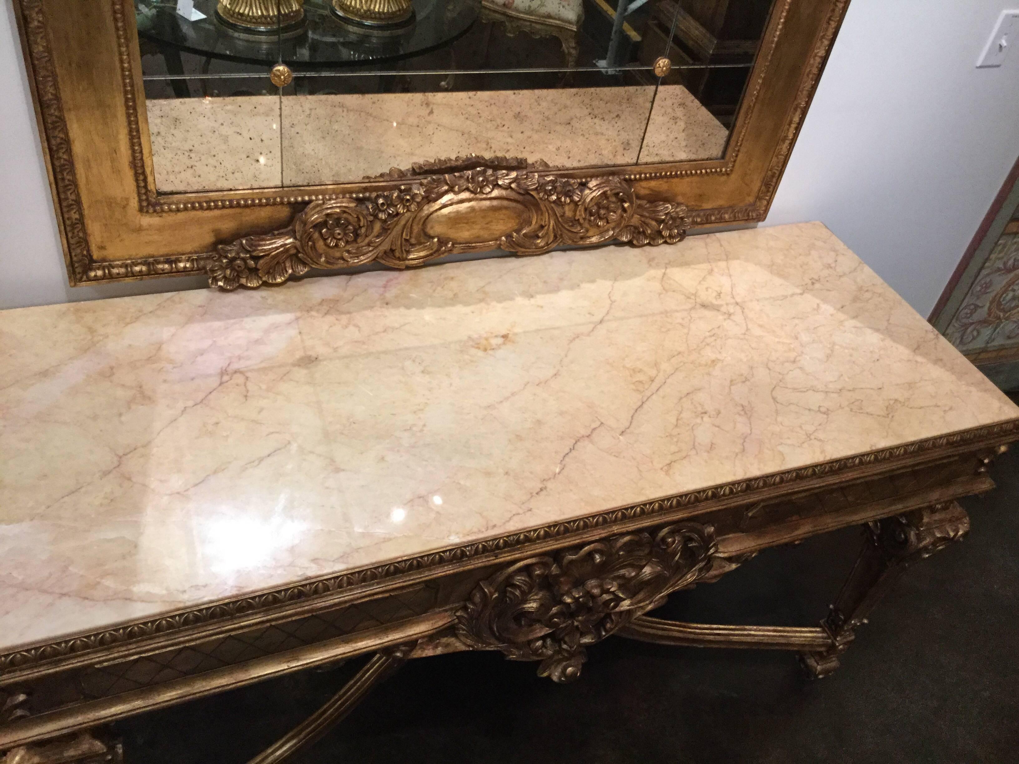 Late 20th Century Louis XVI Style Hand-Carved Console with Italian Marble and Antiqued Gold Gilt For Sale