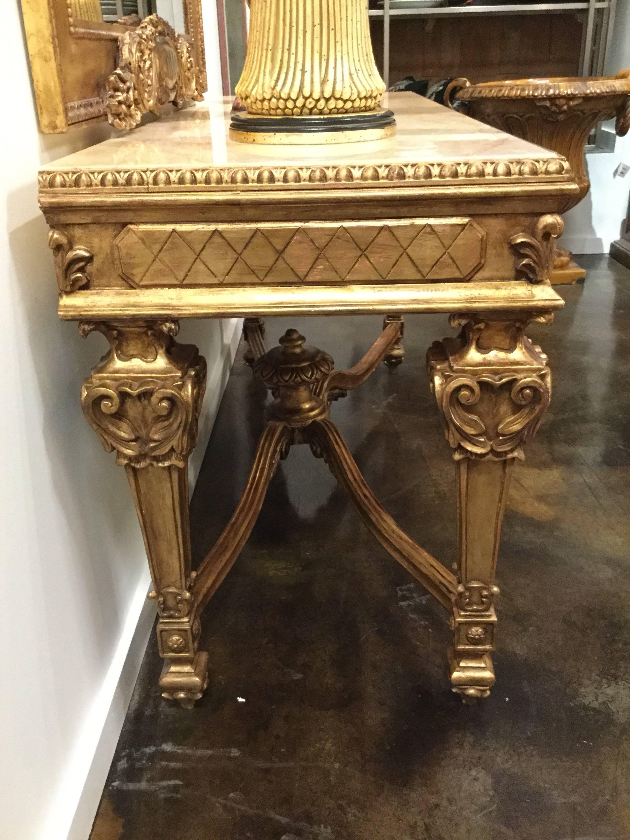 Louis XVI Style Hand-Carved Console with Italian Marble and Antiqued Gold Gilt For Sale 1