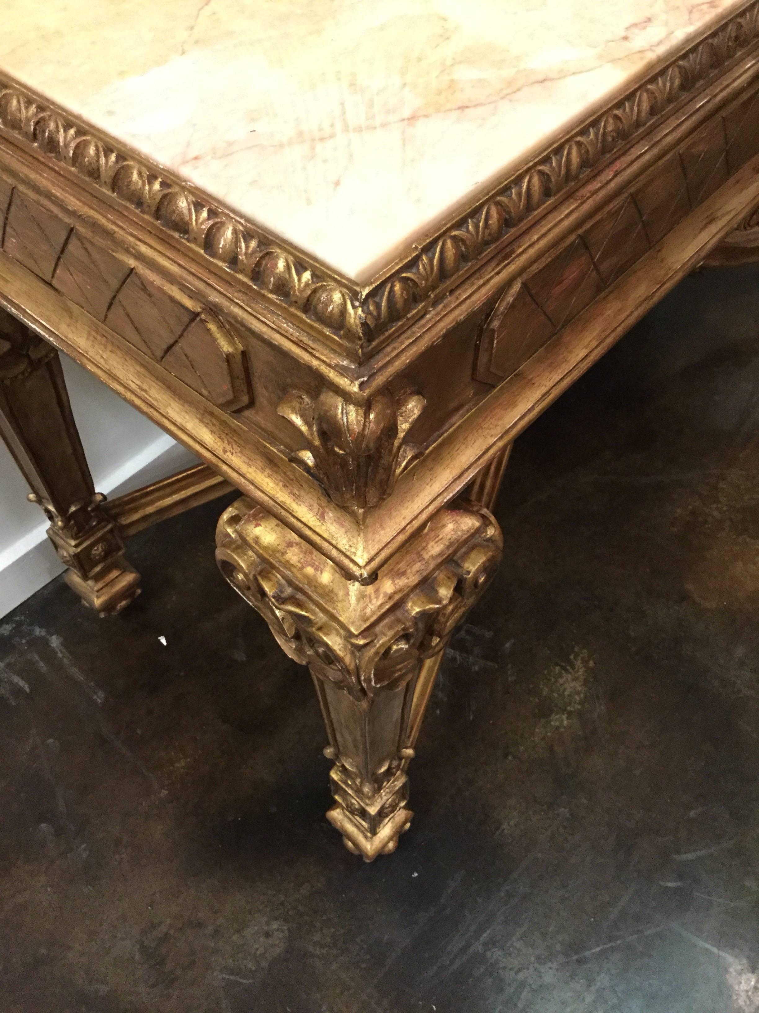 Louis XVI Style Hand-Carved Console with Italian Marble and Antiqued Gold Gilt For Sale 2