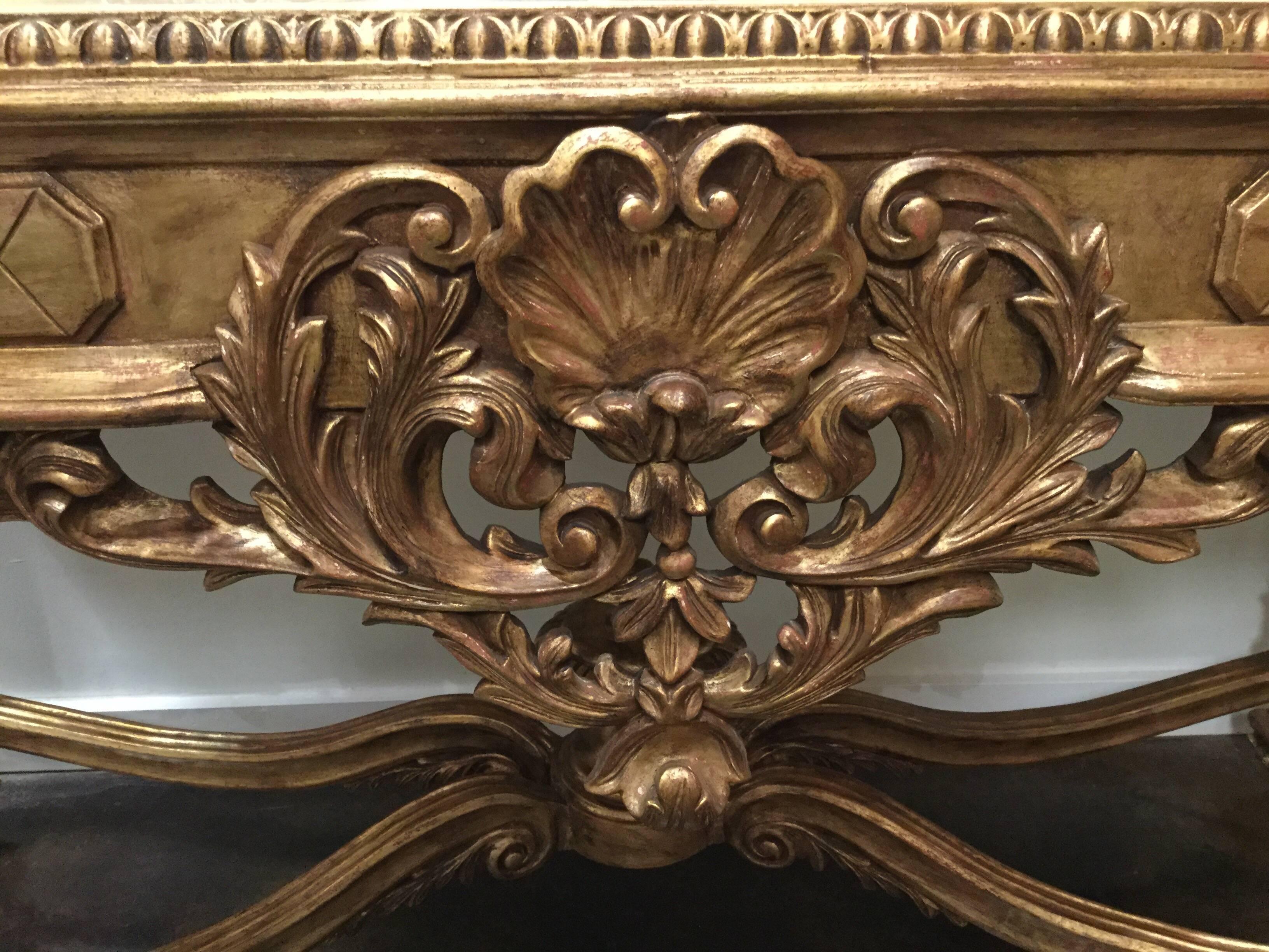 Louis XVI Style Hand-Carved Console with Italian Marble and Antiqued Gold Gilt For Sale 3