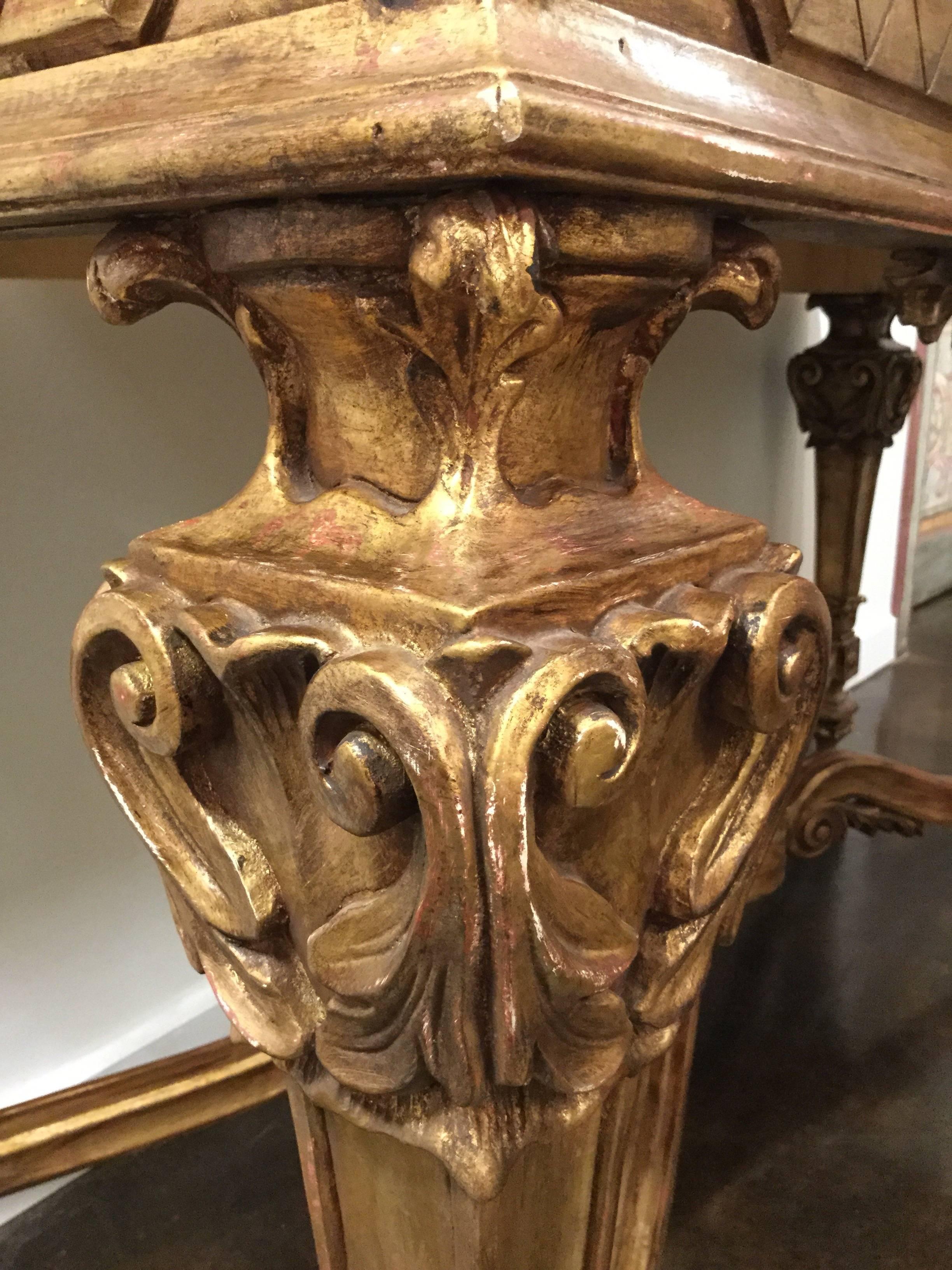 Louis XVI Style Hand-Carved Console with Italian Marble and Antiqued Gold Gilt For Sale 6