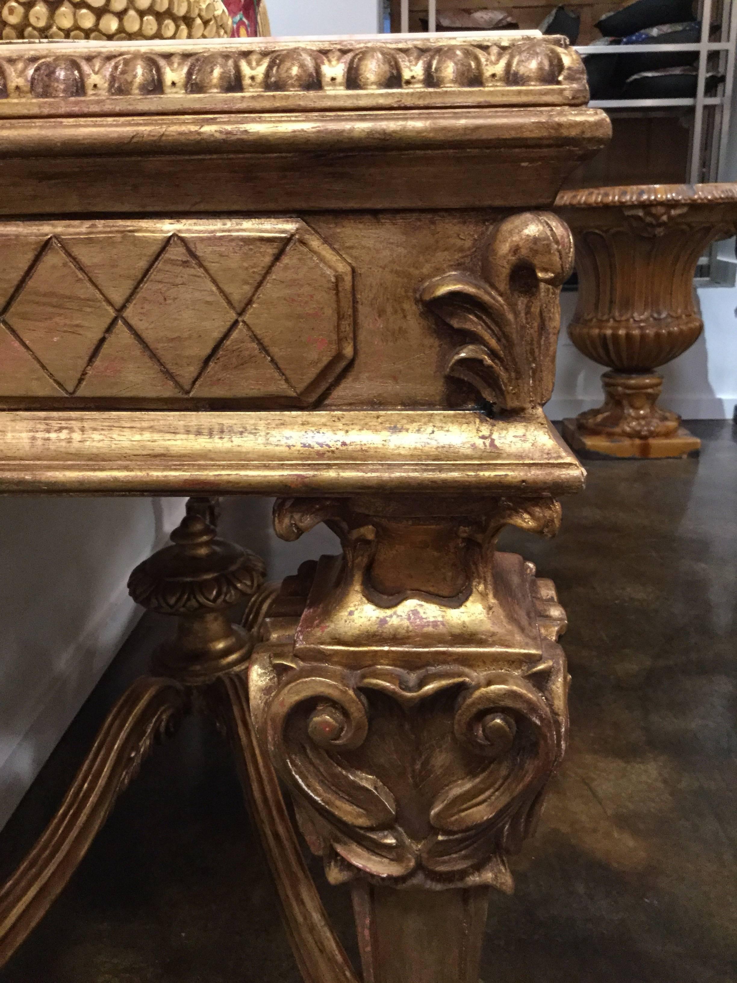 Louis XVI Style Hand-Carved Console with Italian Marble and Antiqued Gold Gilt For Sale 7