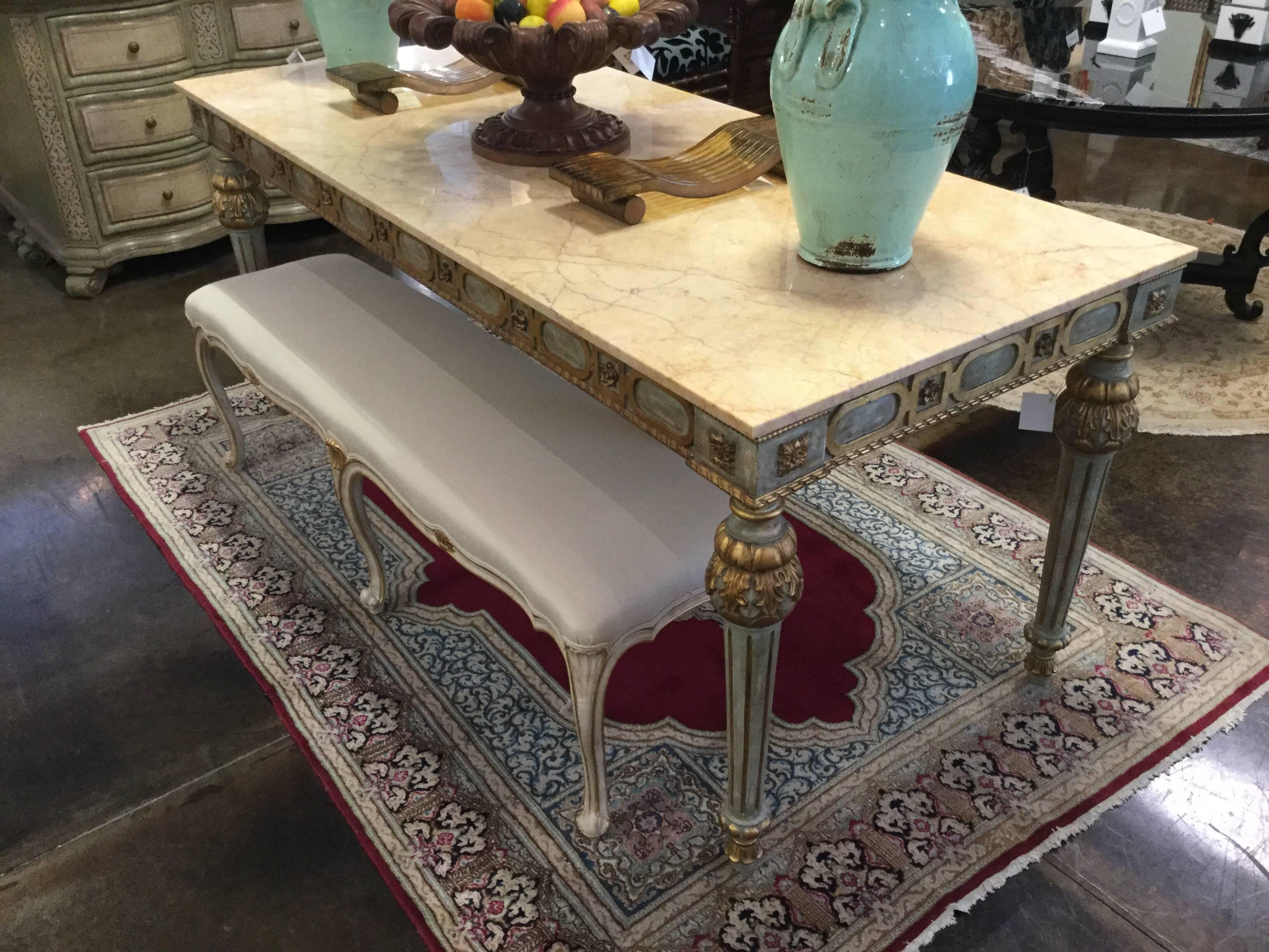 Beautiful hand-carved, 18th century Venetian style console table, featuring a polychrome and gold gilt finish, with an Italian Siena marble top, Italy.