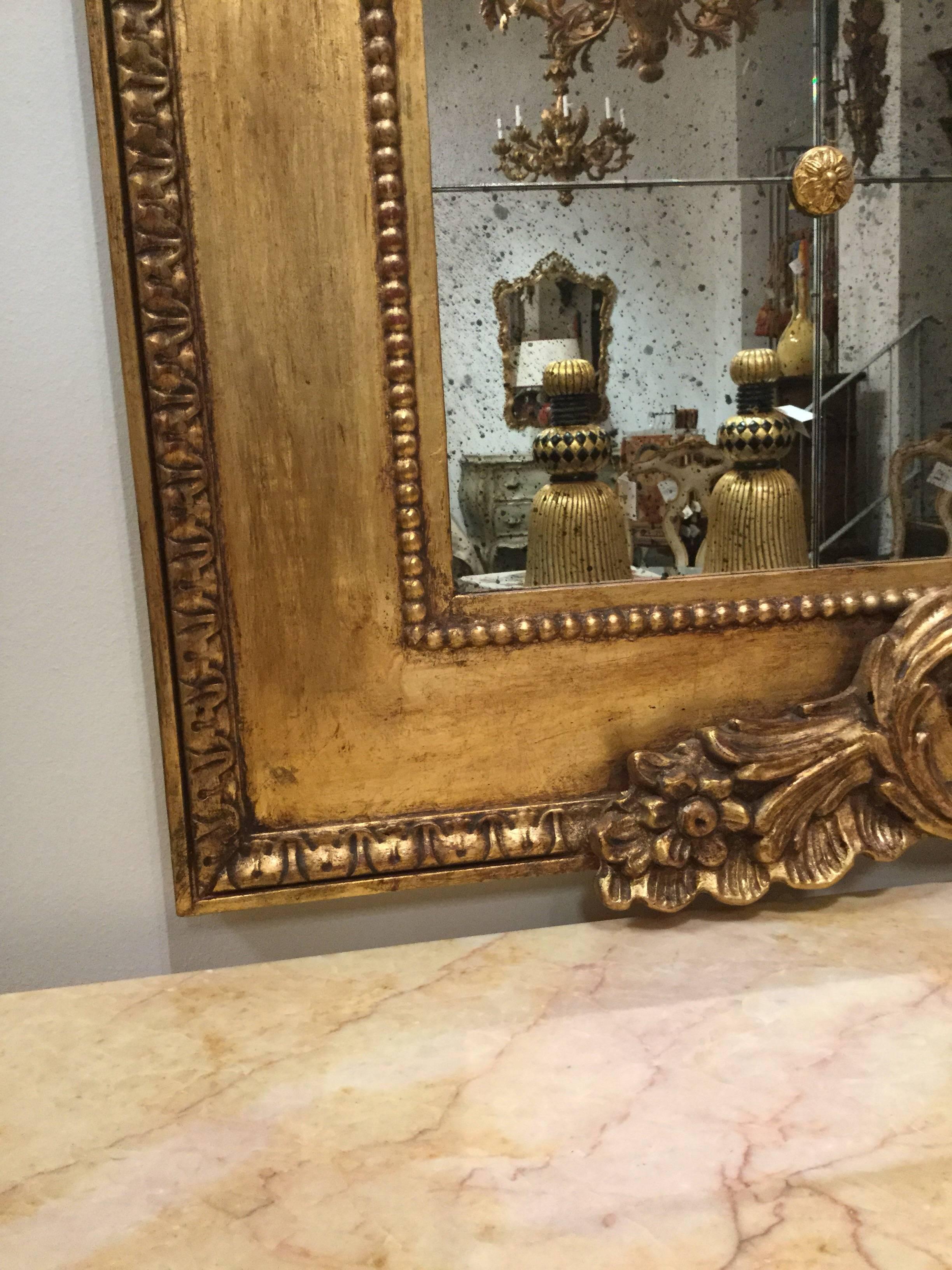 Louis XVI Style Hand-Carved Mirror Antiqued Gold Gilt For Sale 2