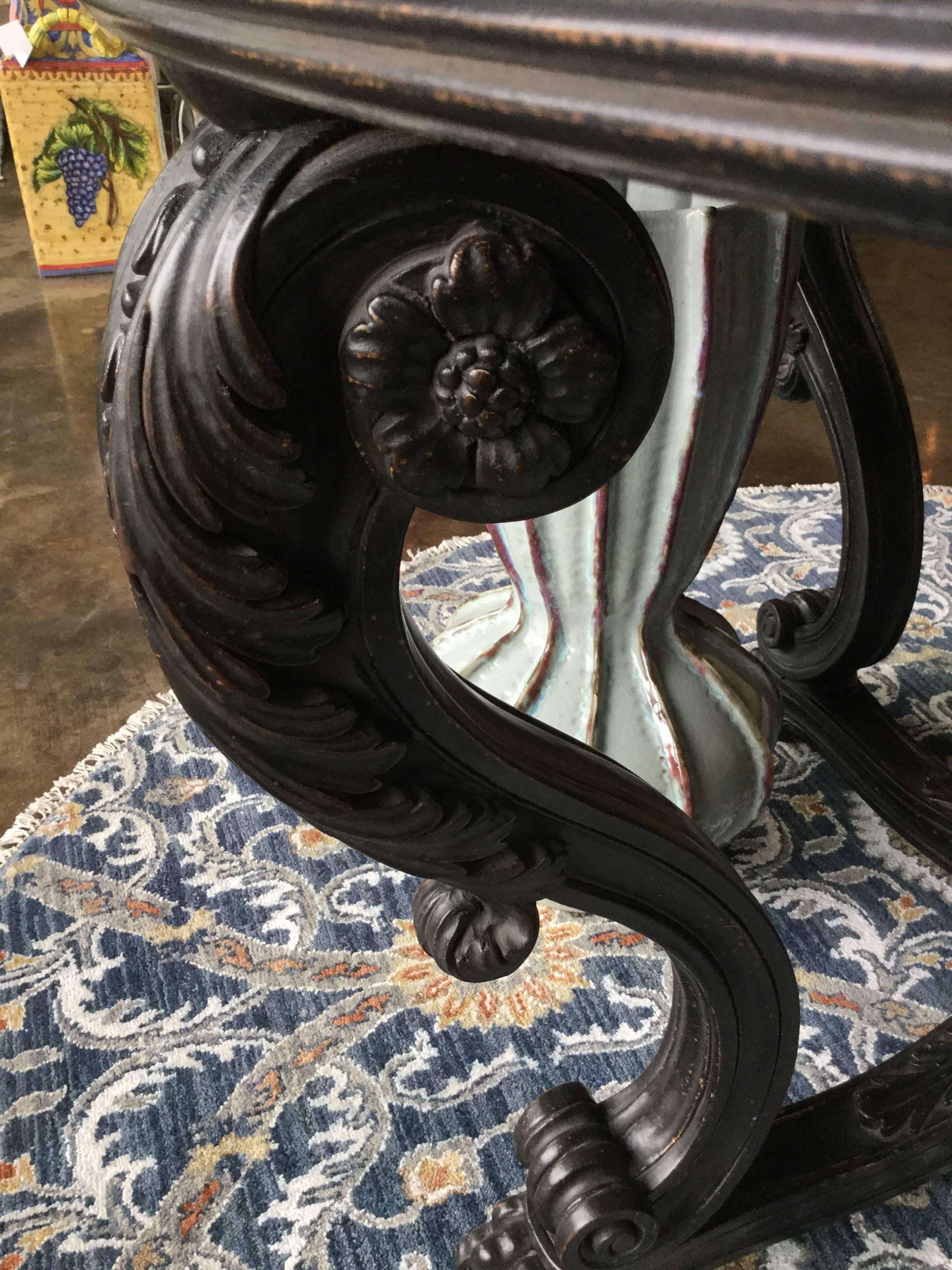 Late 20th Century Round Empire Style Black Marble Center Table Hand-Carved Base For Sale