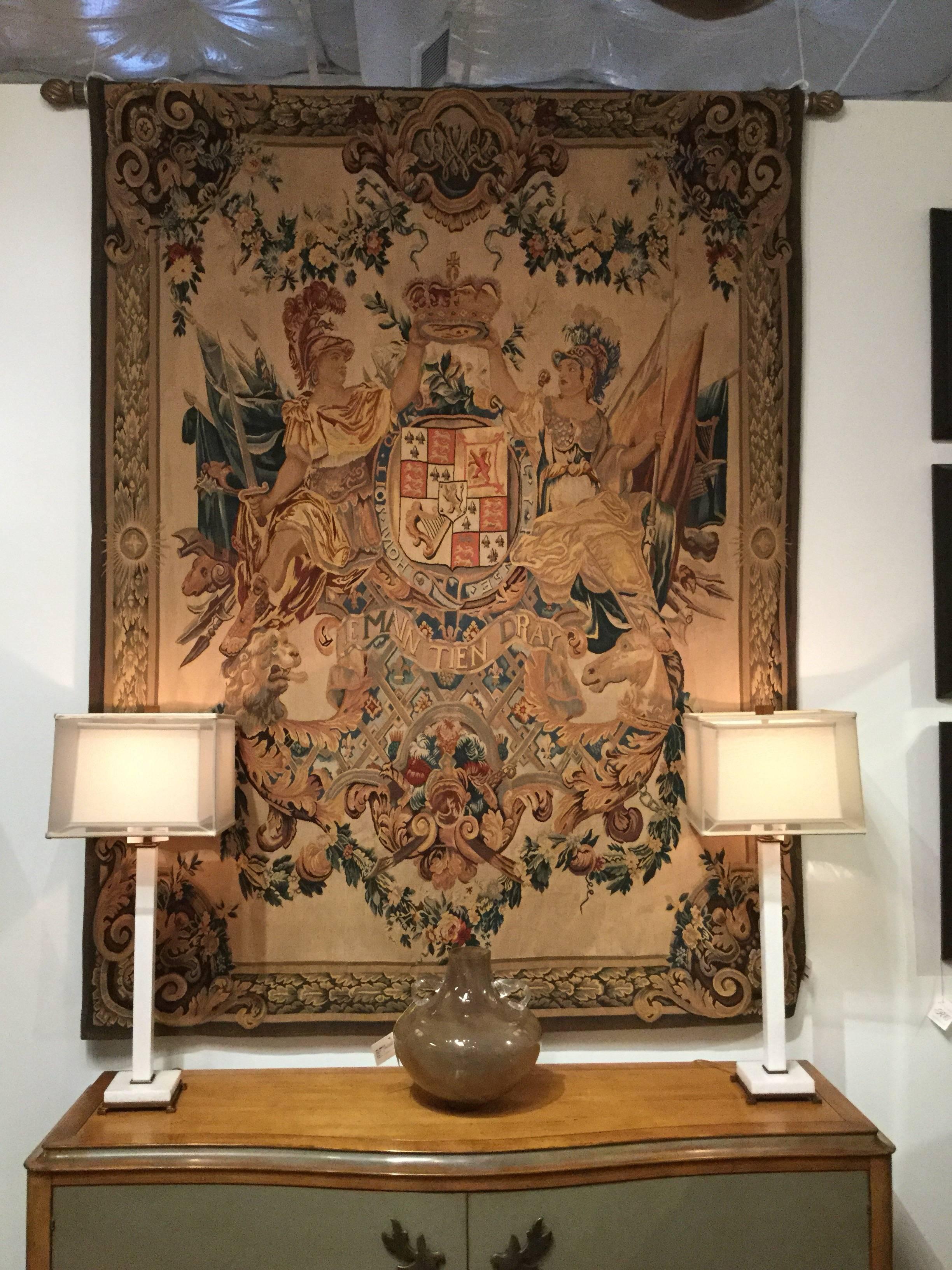 Handwoven 100% wool tapestry recreated from the original Armes De Guillaume et Marie, designed by Daniel Marot, circa 1695-1700, Brussels.