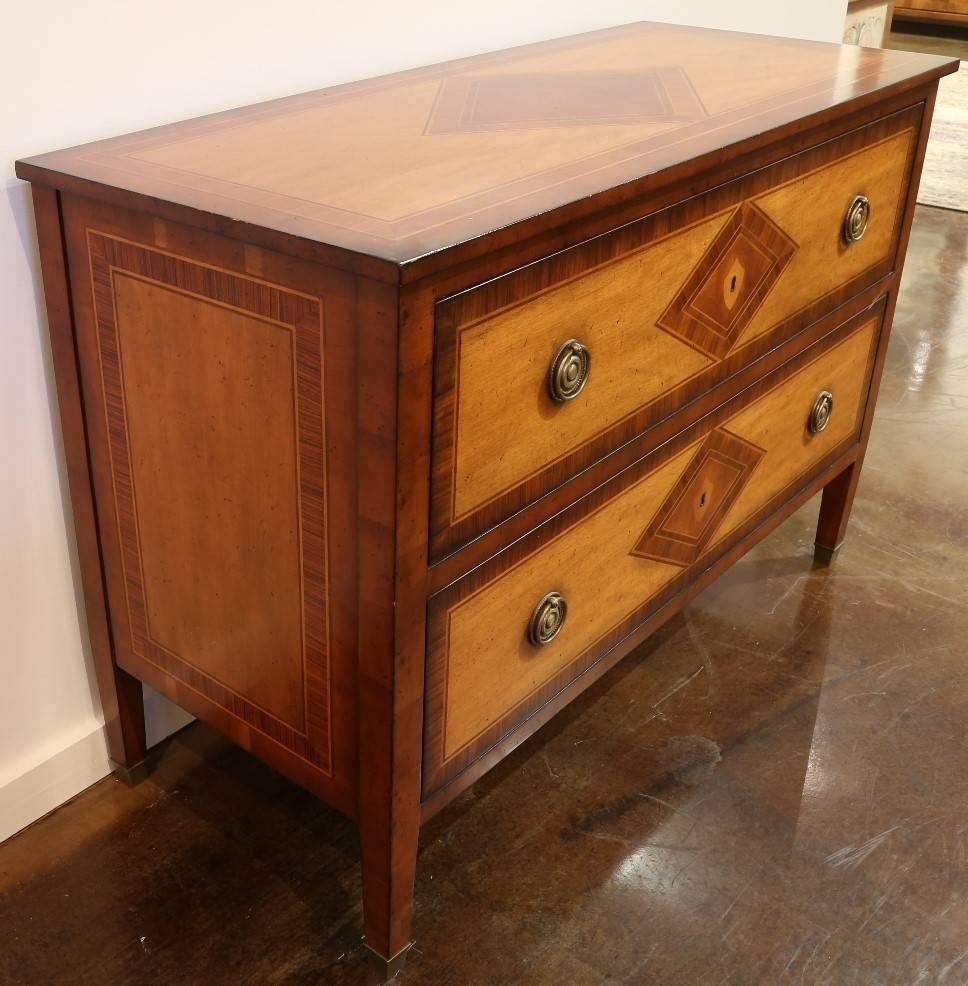French Provincial Two-Drawer French Chest Maple Inlaid with Rosewood and Brass Accents