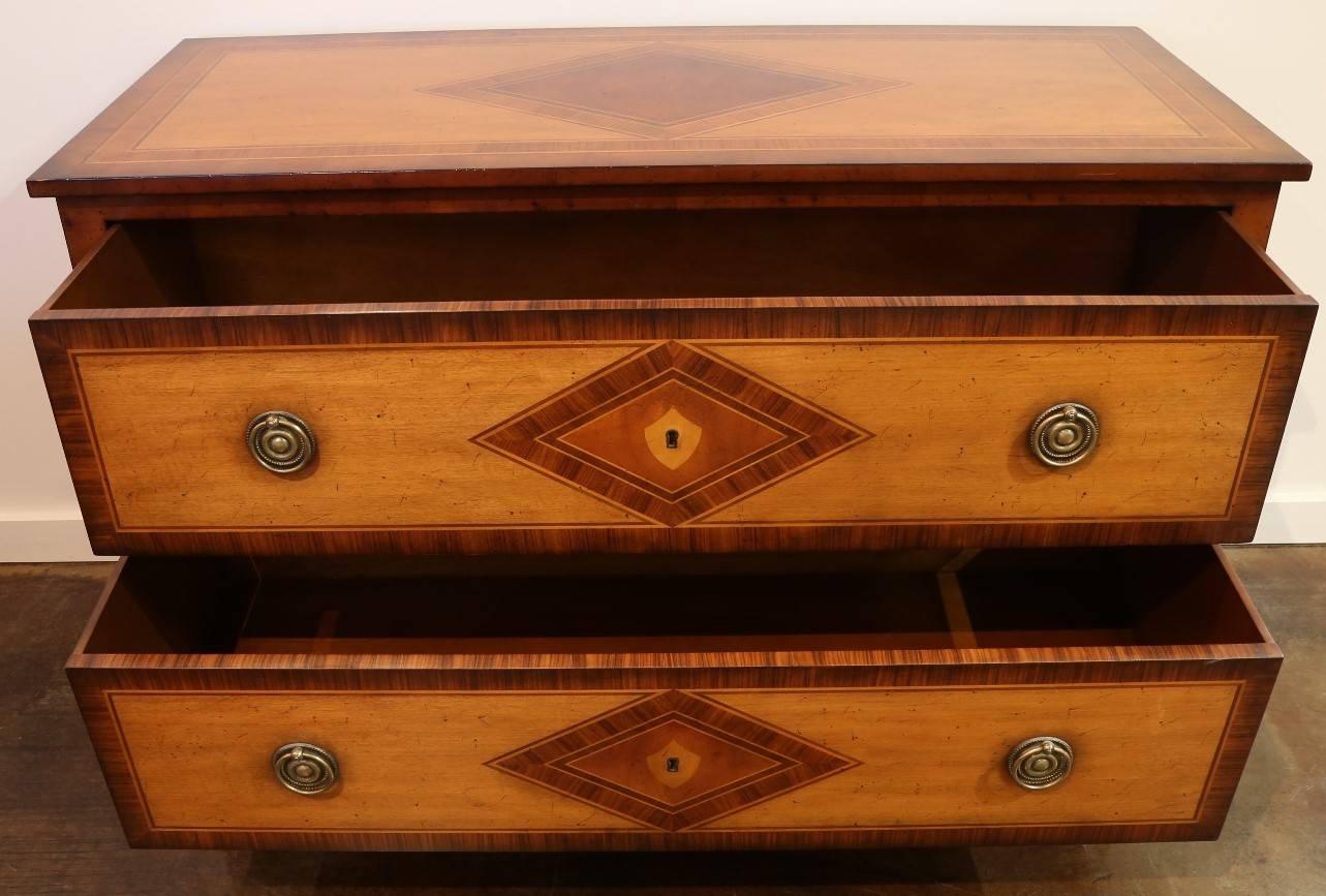 Italian Two-Drawer French Chest Maple Inlaid with Rosewood and Brass Accents
