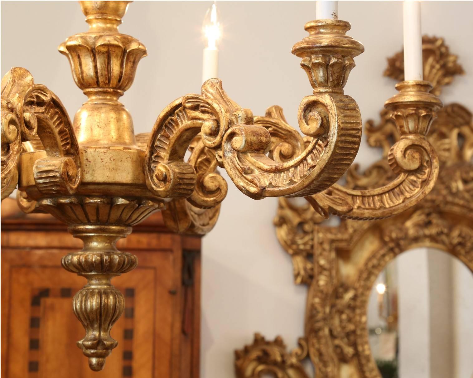 Italian Hand-Carved Six-Light Gold Gilt Chandelier For Sale