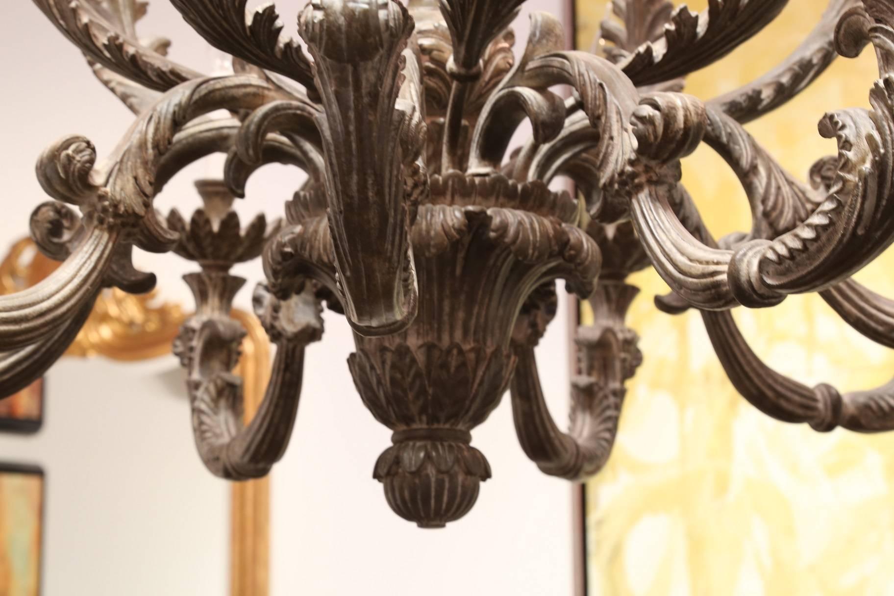Late 20th Century 18th Century Renaissance Hand-Carved Chandelier Recreation in Oxidized Silver For Sale