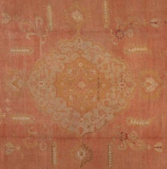 Antique Turkish Oushak circa 1910 Rose with Beige Geometric Motif