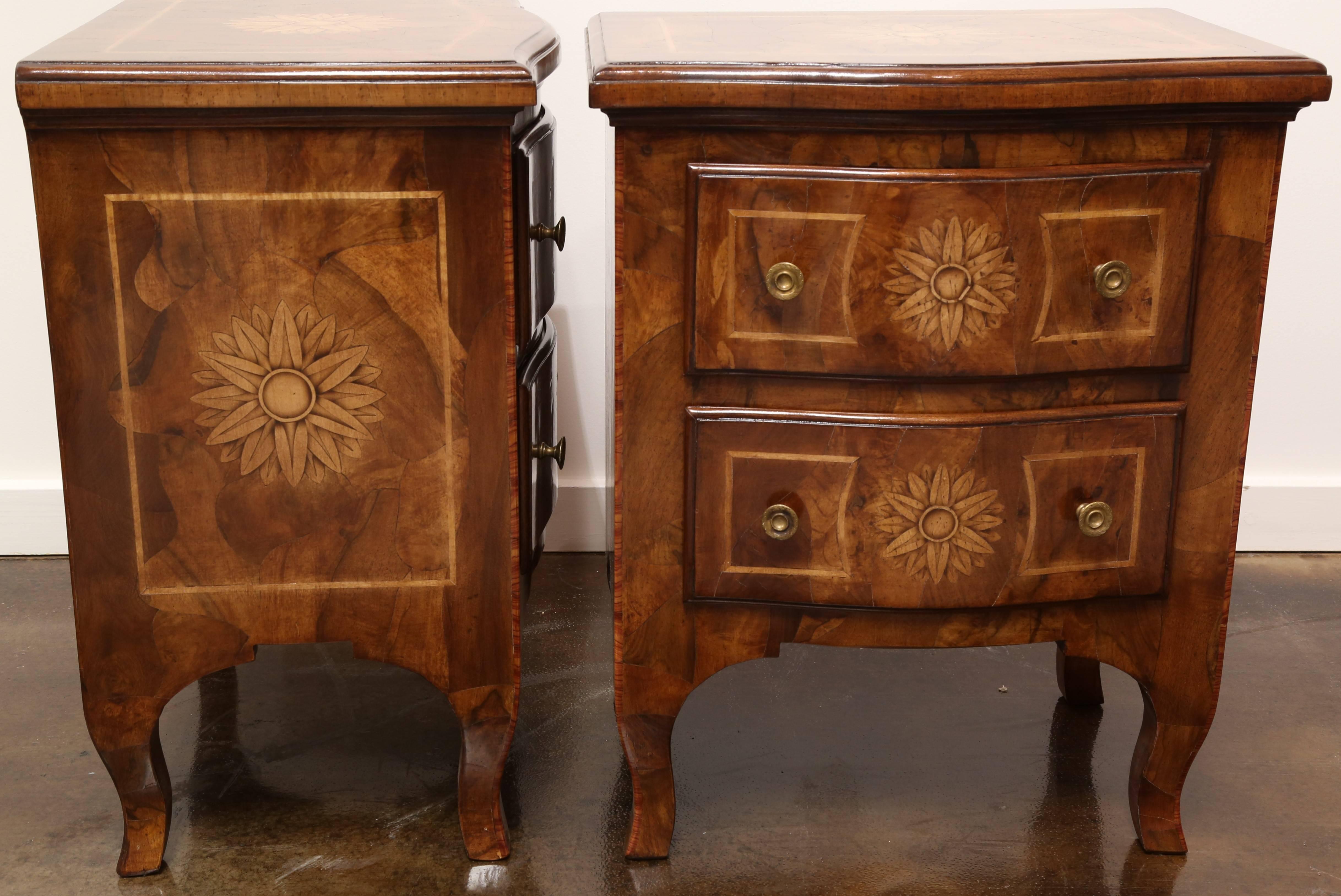 Other Pair of Shaped Walnut Nightstands in Oysterwood and Maple Inlay For Sale