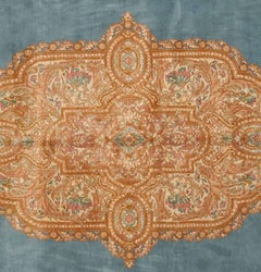 Handwoven Antique Persian Kerman Rug, circa 1960 in Blue with Rose and Gold