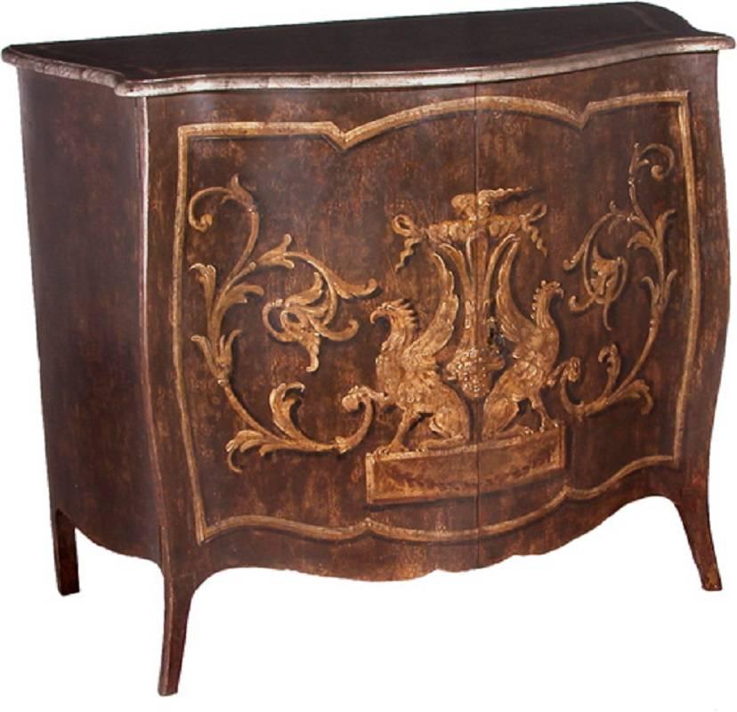 Two-Door Chest, Walnut Finish Featuring Griffons and Scrolling Vines