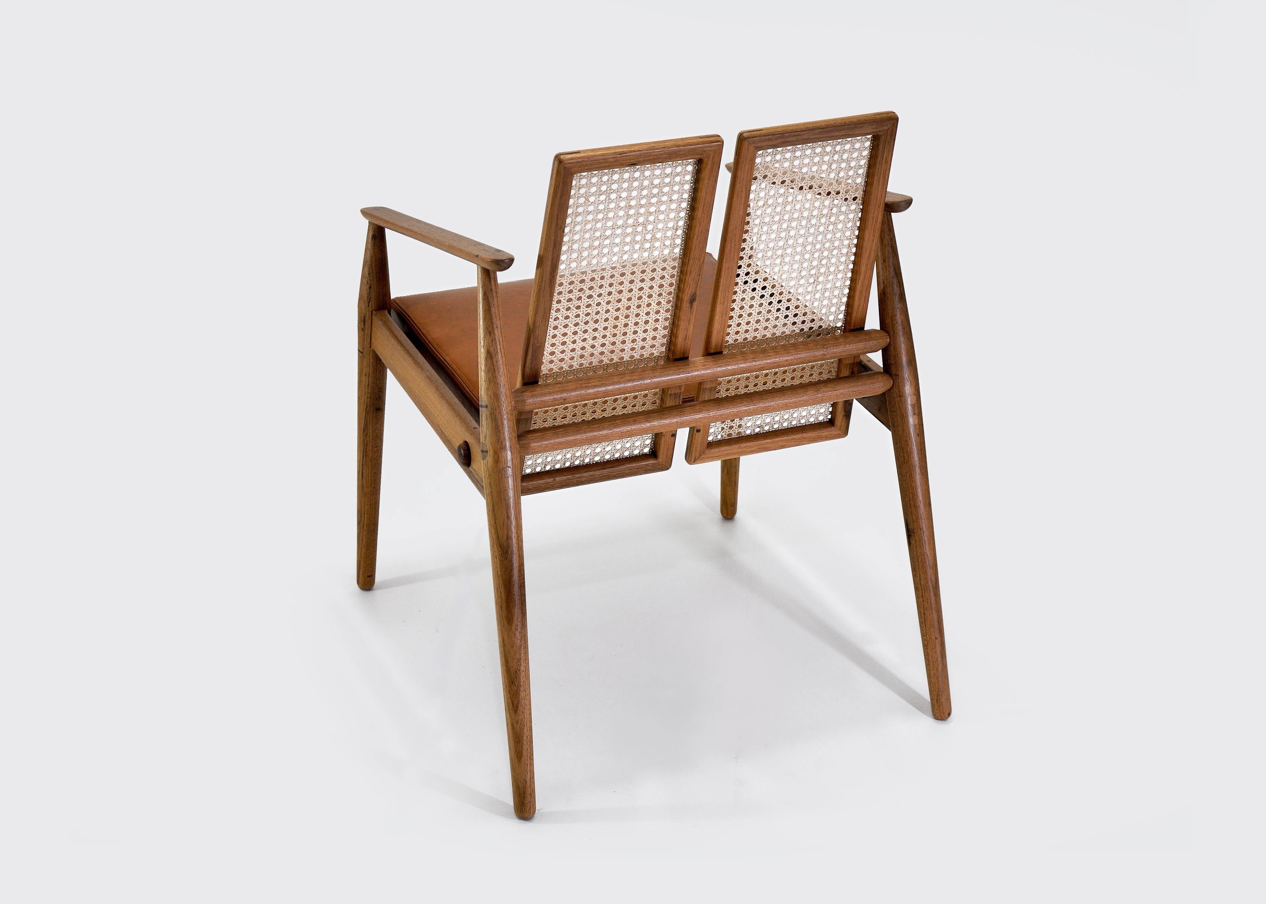 Hand-Crafted Chair Dalila on Tropical Brazilian Hardwood and Natural Leather For Sale