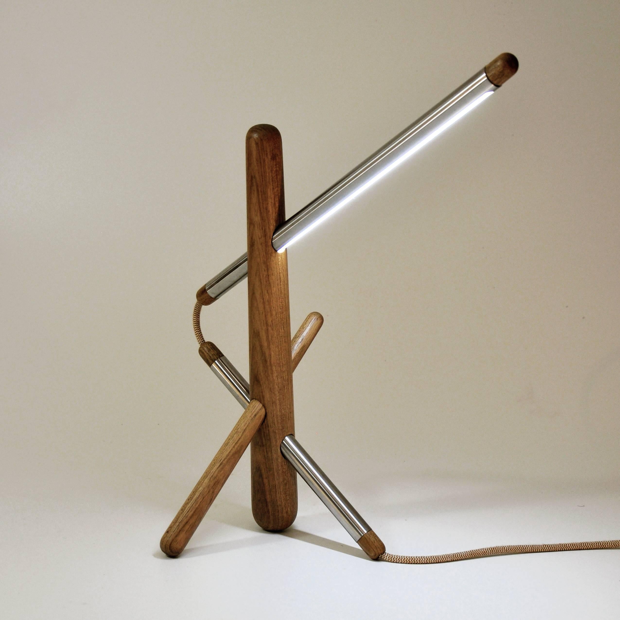 Hand-Crafted Table Lamp in Tropical Brazilian Hardwood and Stainless Steel 'Entre e Passe' For Sale