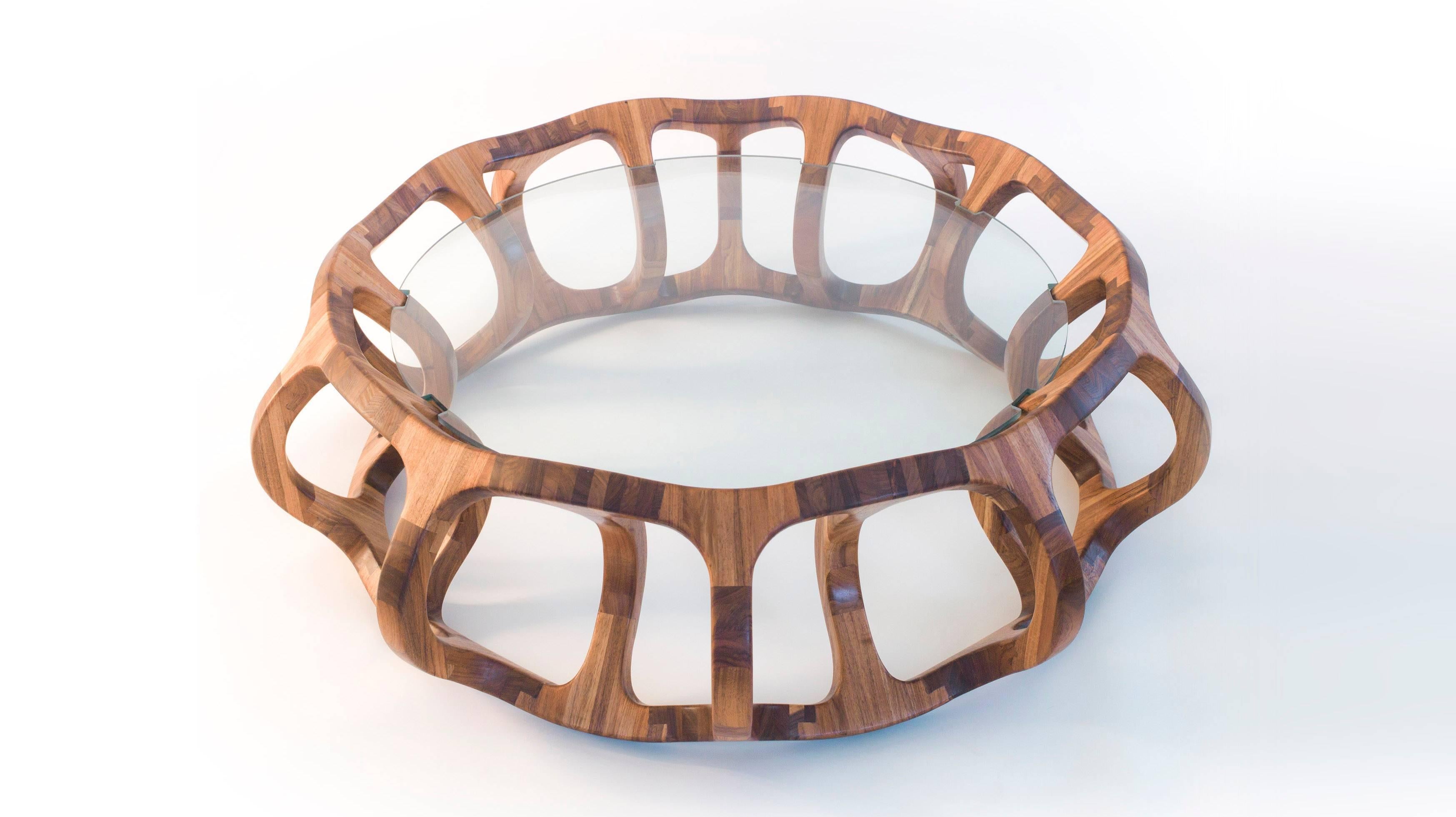 This contemporary sculptural coffee table is created by renowned Mexican industrial designer Pedro Cerisola, whose work is in the permanent collection of the National Autonomous University Science Museum and has been exhibited in the Franz Mayer