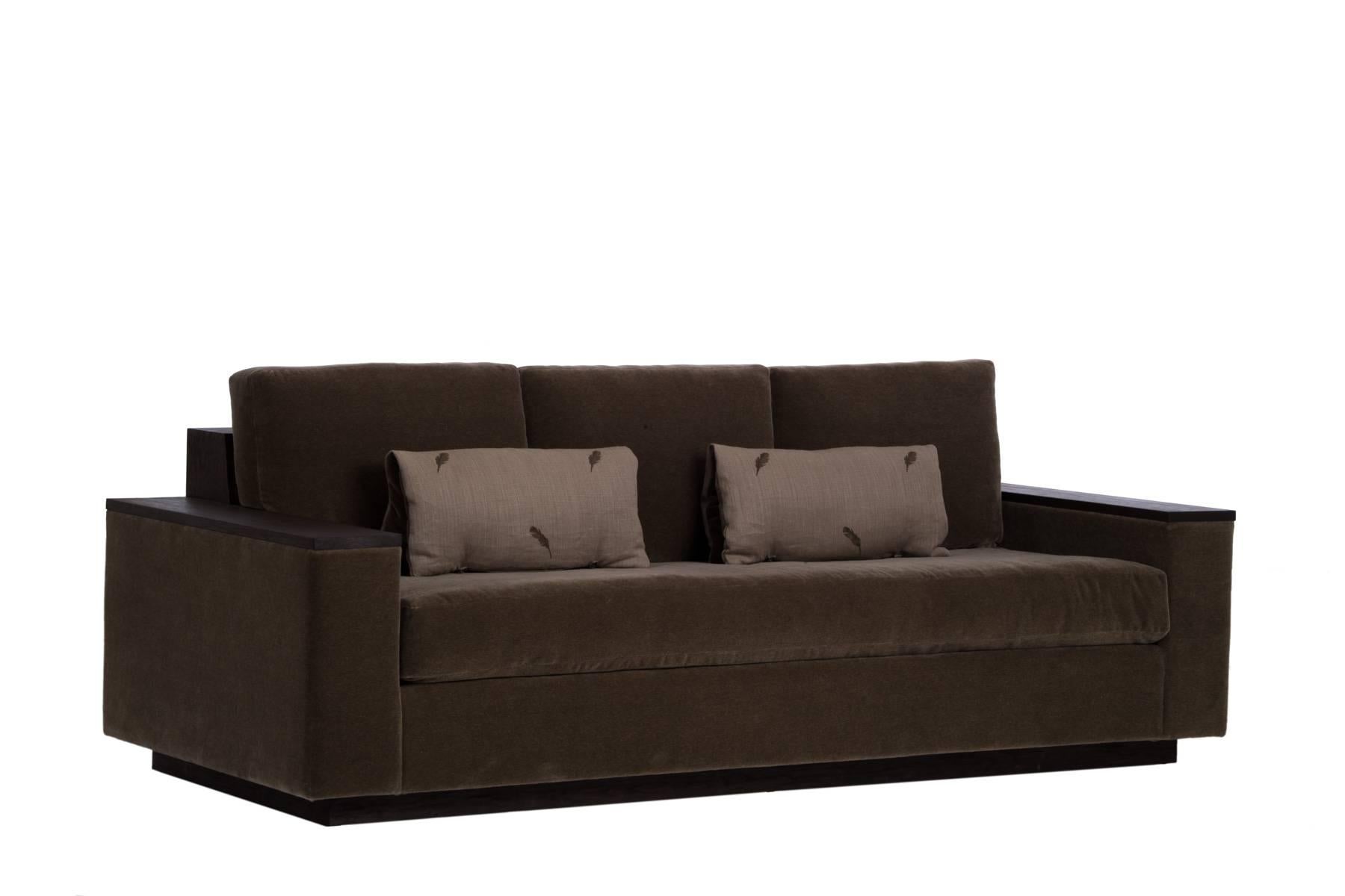 Designed by Ashley Yeates, handmade in the United States, the mohair Bolton sofa is perfect for comfort and entertaining. The North American cherry hardwood surfaces are ideal for resting a fine wine or media device. A must have for a small space