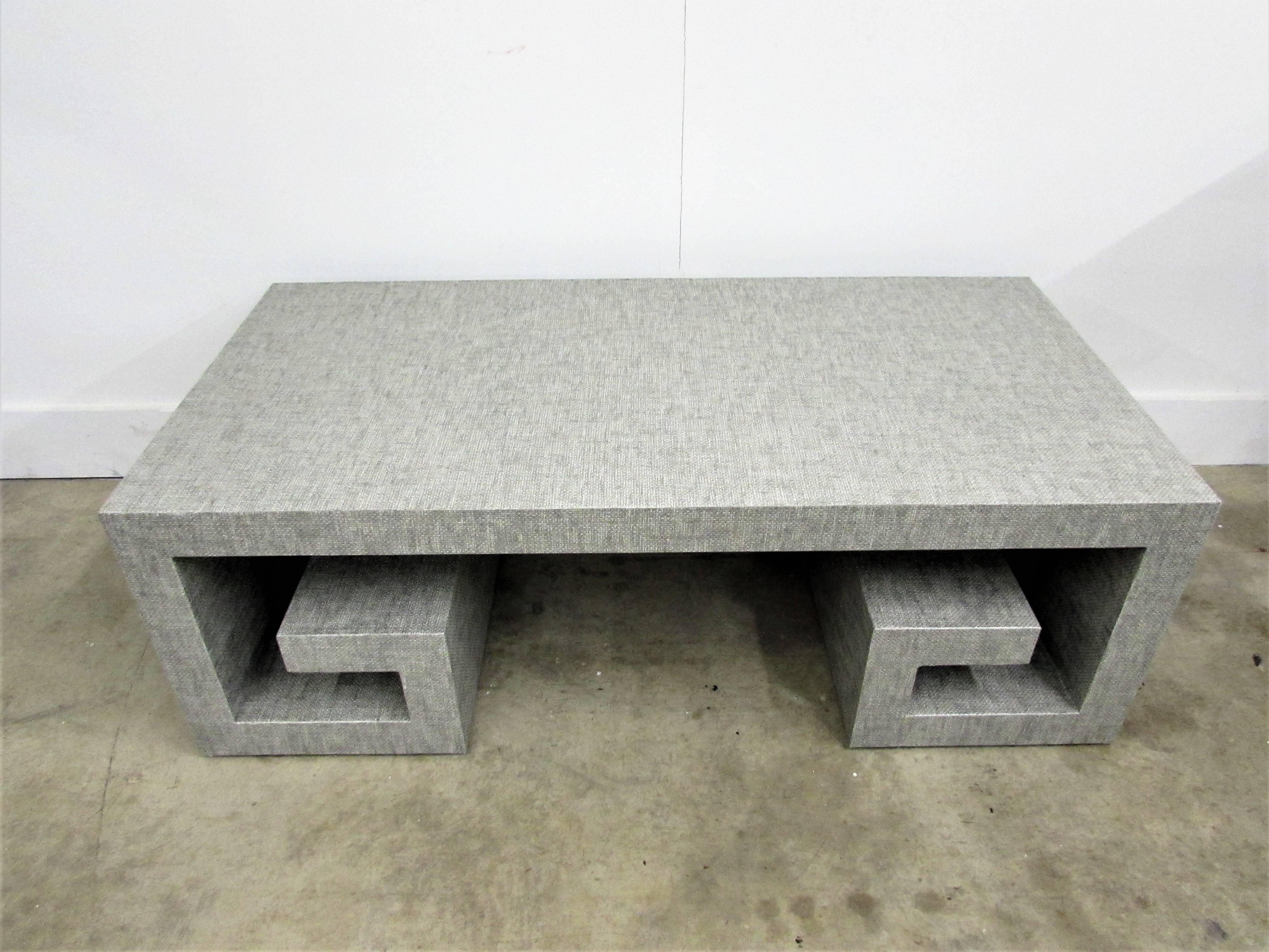 Grasscloth Coffee Table with Greek Key Base For Sale