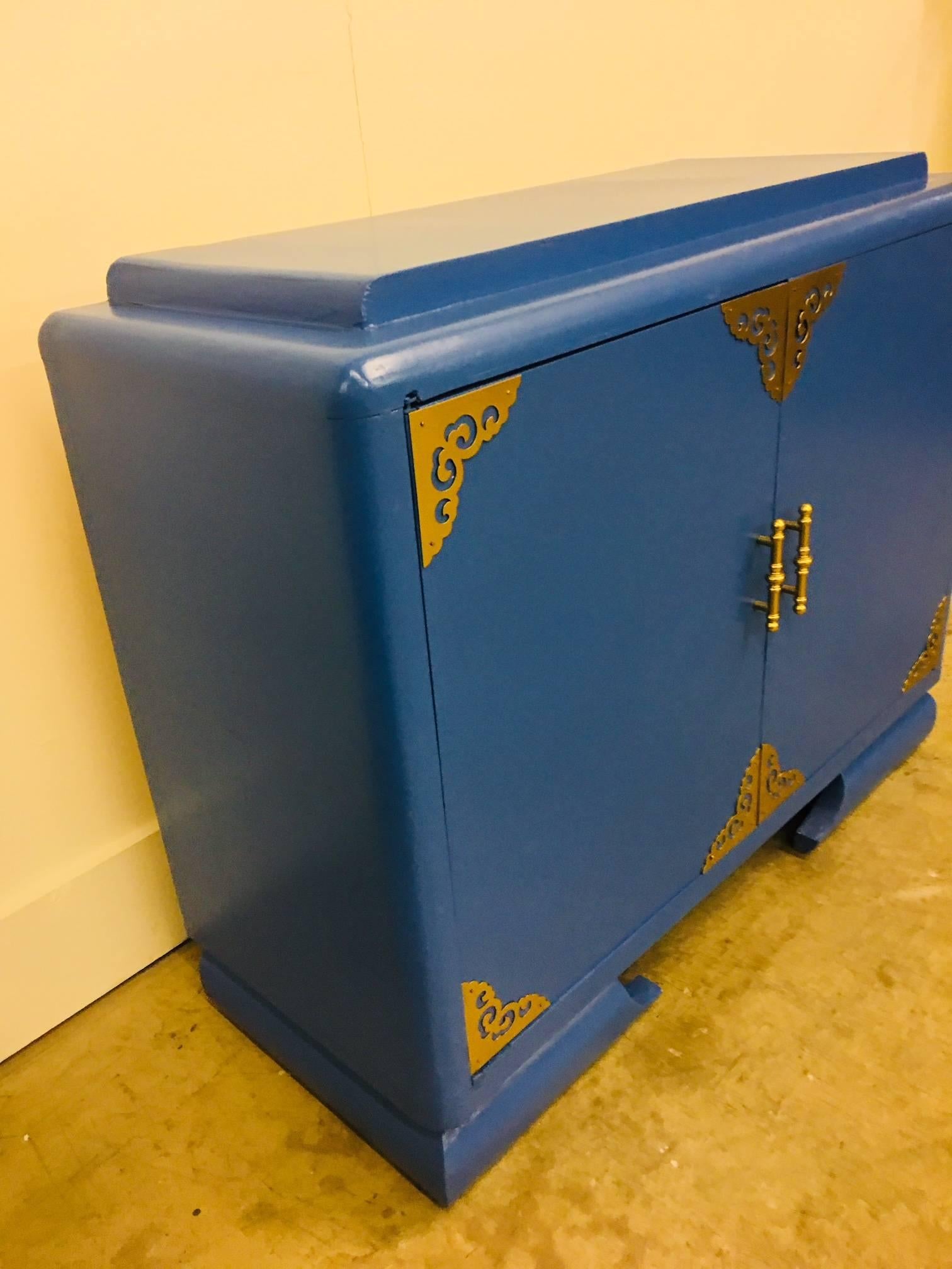 Asian Themed Athens Blue and Brass Cabinet  In Good Condition For Sale In Raleigh, NC