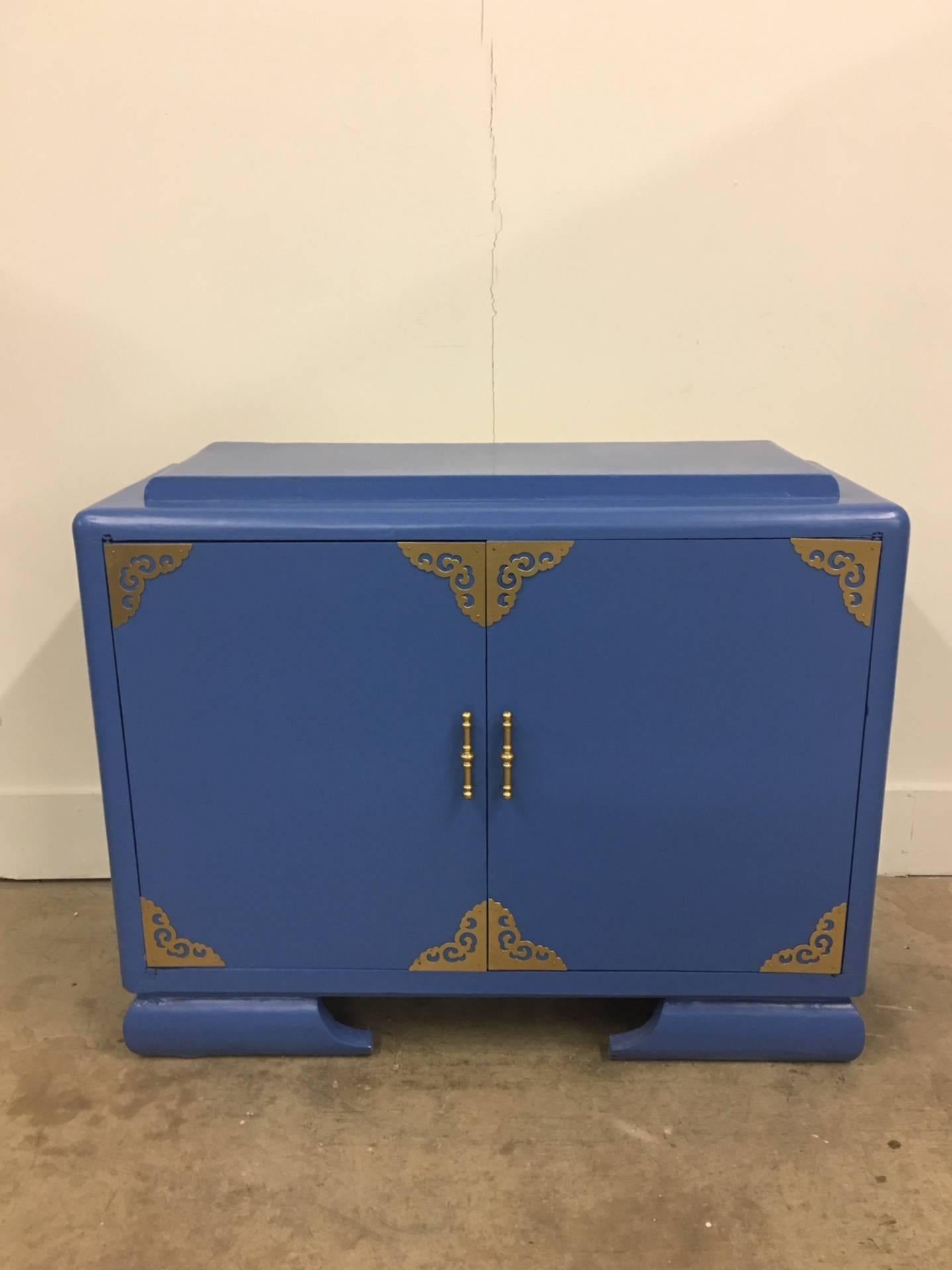 Asian Themed Athens Blue and Brass Cabinet  For Sale 1