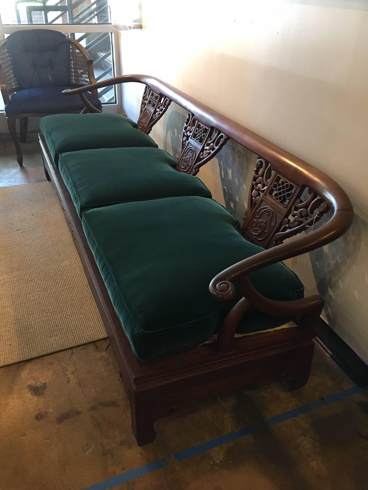 American Chinoiserie Sofa with Carved Back in Deep Green Velvet