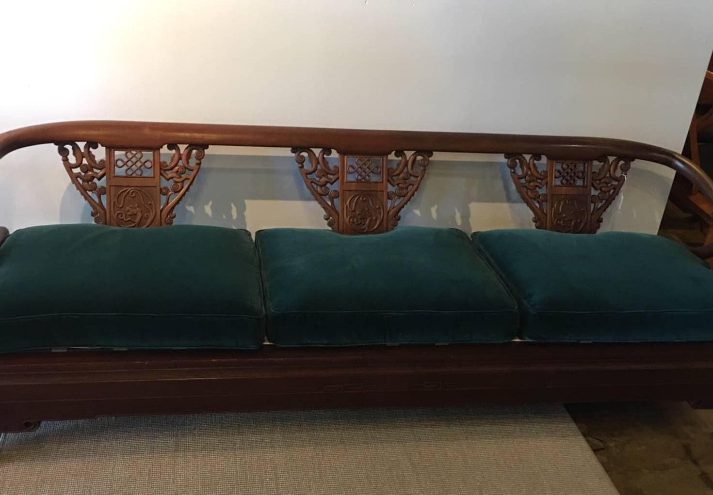 Mid-20th Century Chinoiserie Sofa with Carved Back in Deep Green Velvet