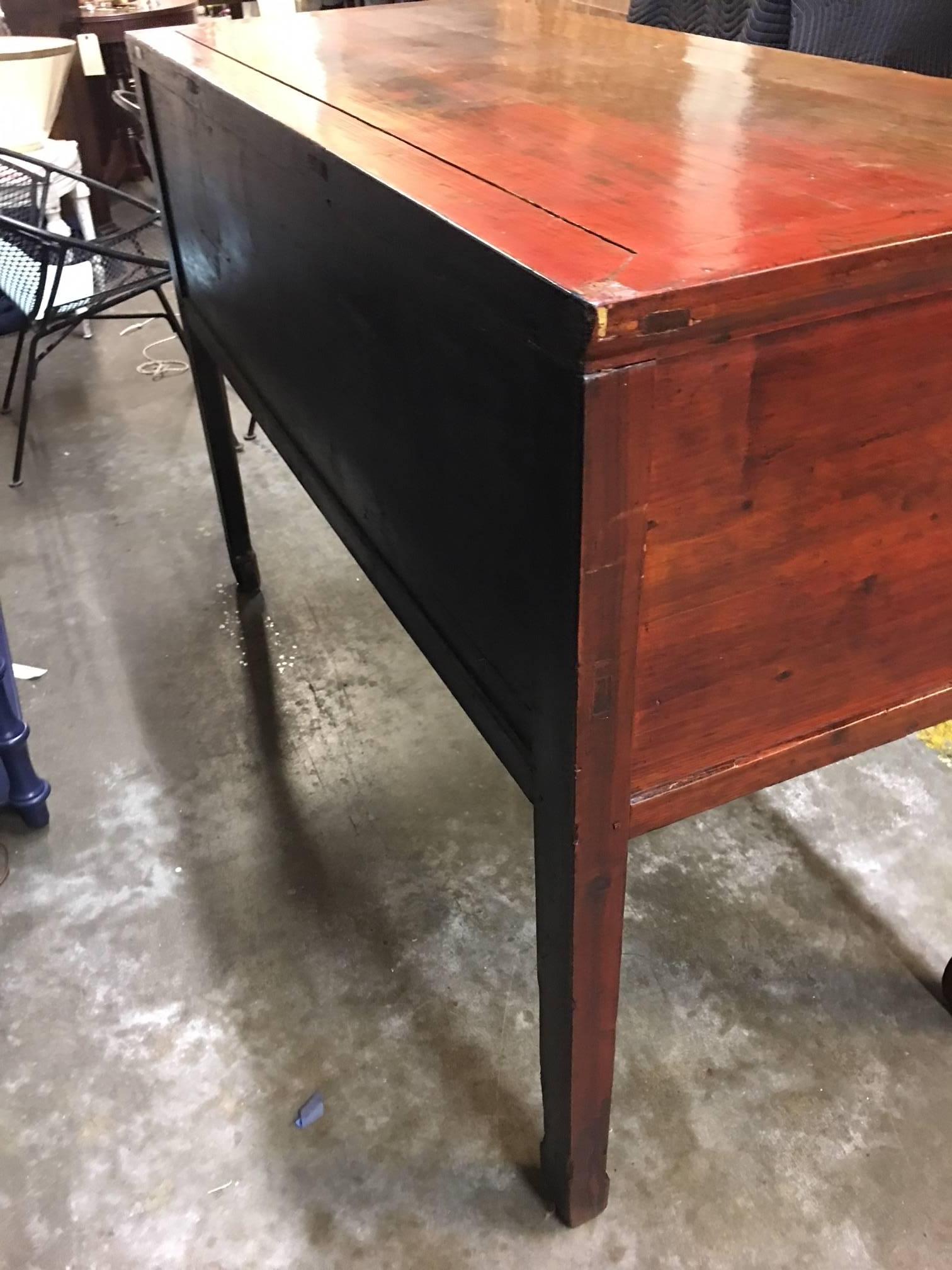 Chinese Red Lacquered Console  In Distressed Condition In Raleigh, NC