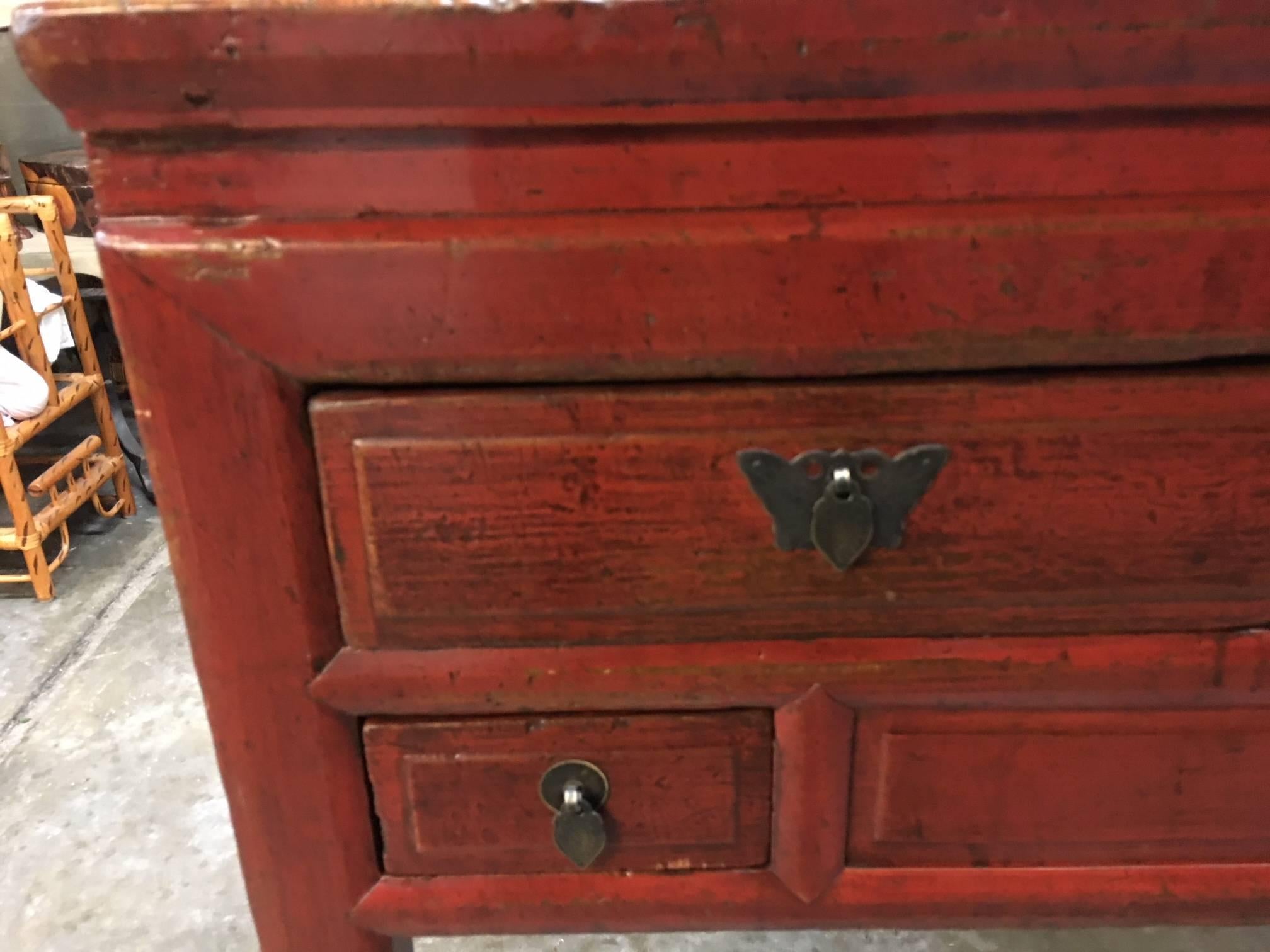 Wood Chinese Red Lacquered Console 
