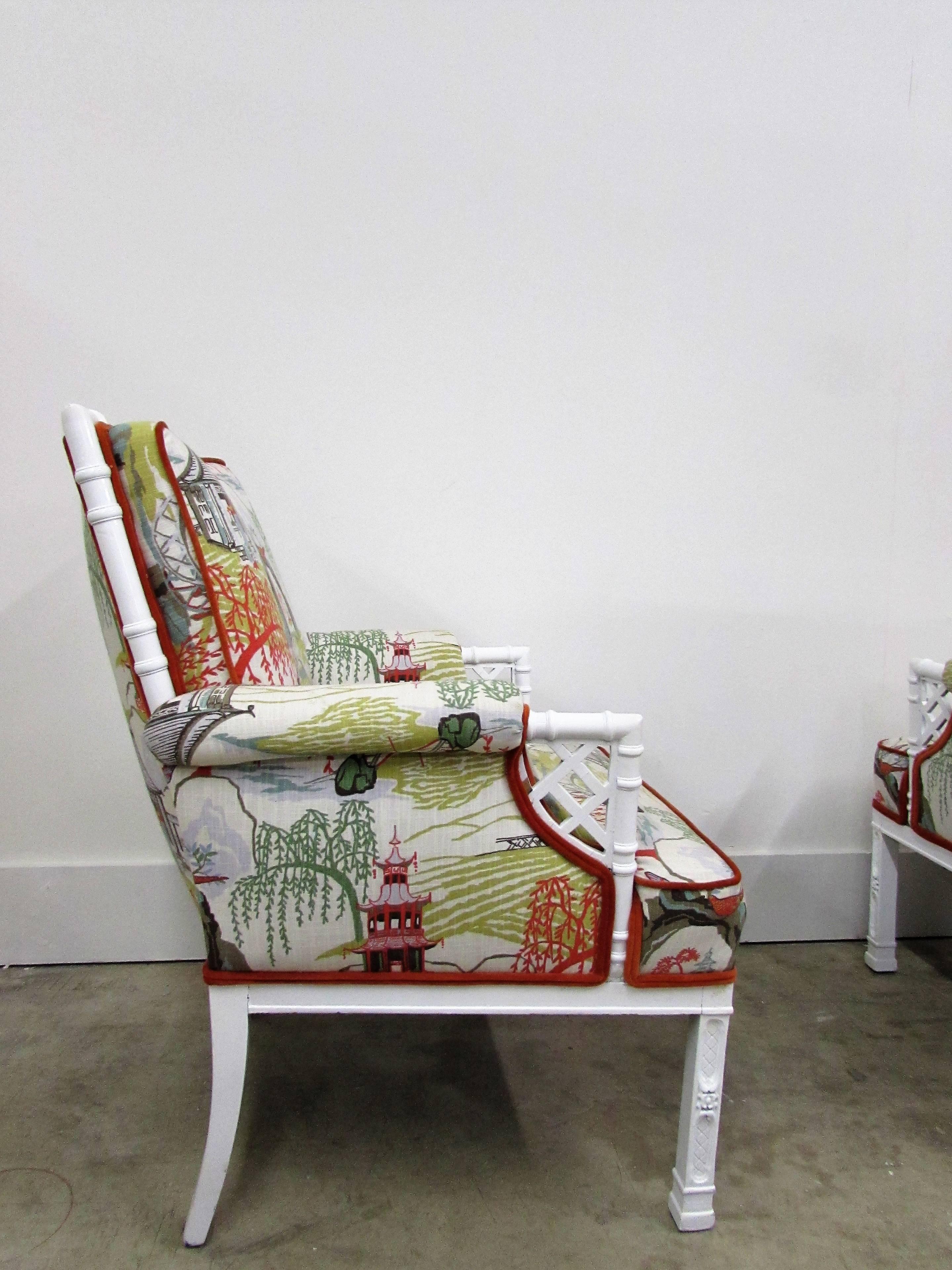 Hollywood Regency Pair of Toile Chinoiserie and Faux Bamboo Armchairs For Sale